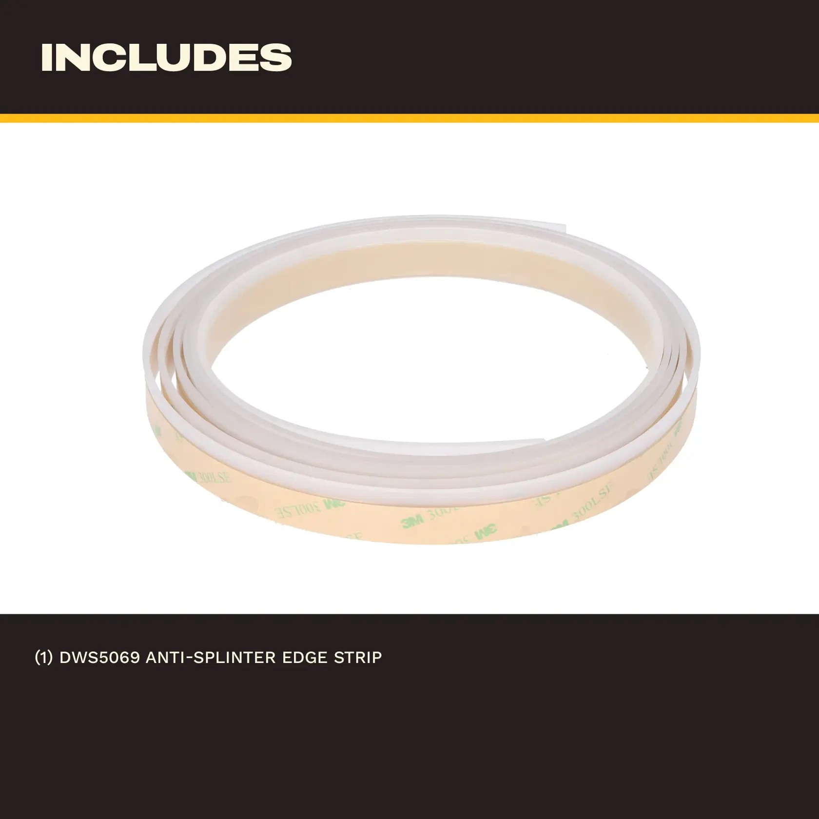 Coiled DEWALT DWS5069 anti-splinter edge strip shown on a white background.