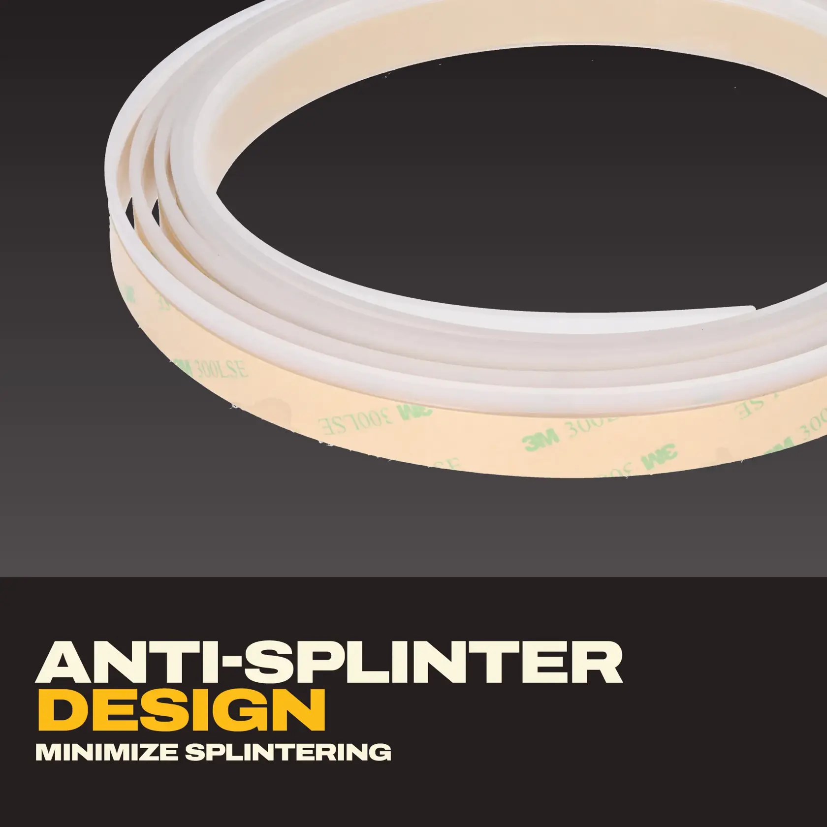 Coiled anti-splinter strip with adhesive backing, designed to minimize splintering in cutting applications.