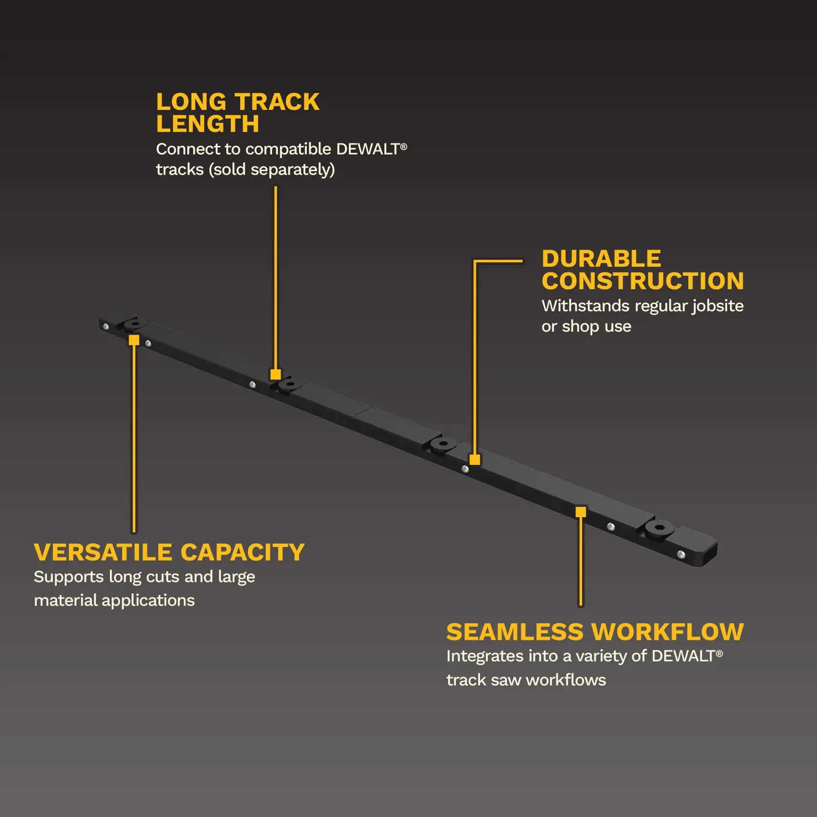 Black DEWALT track connector with labels for long length, durability, versatility, and seamless workflow.