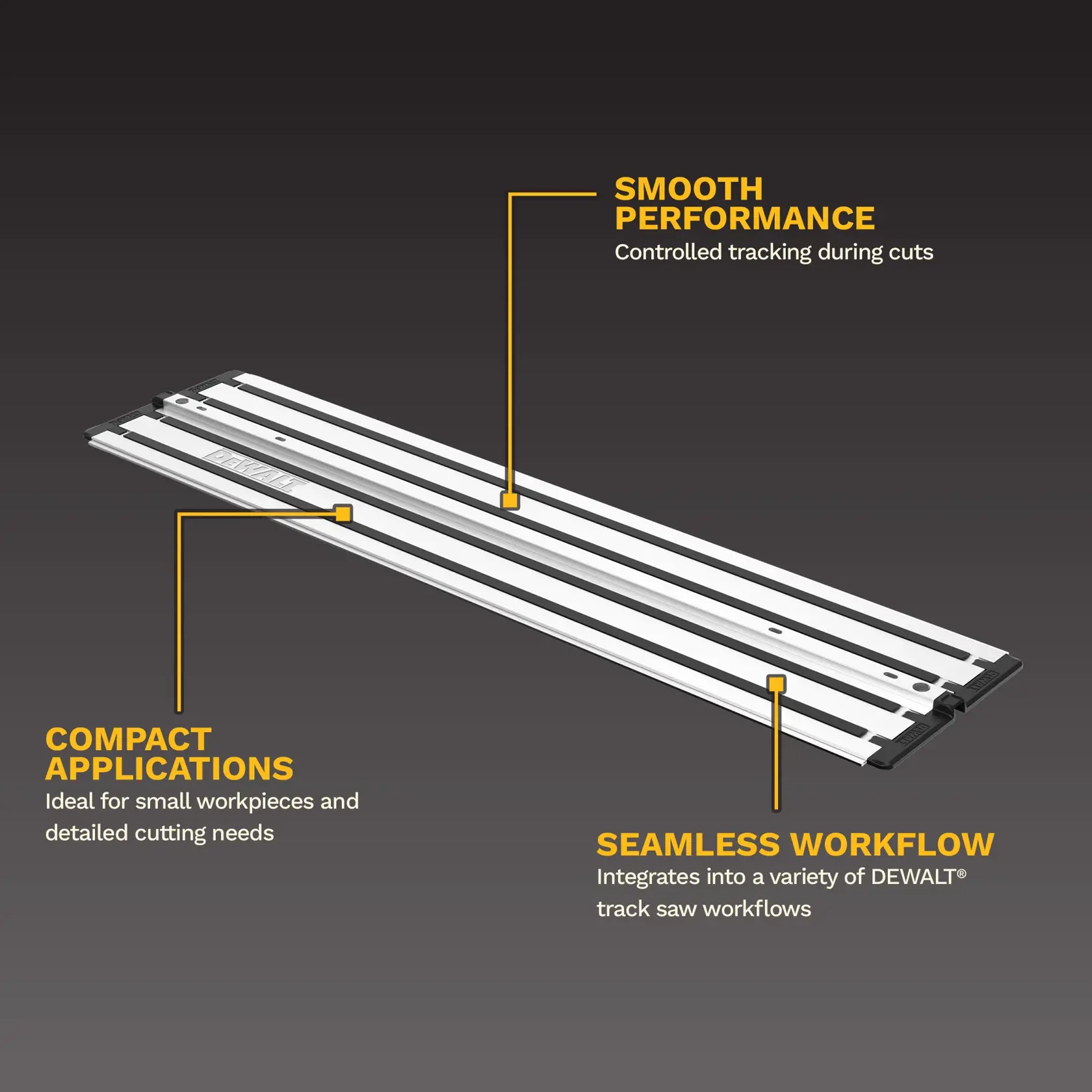 DEWALT track saw guide rail for smooth, accurate cuts, compact projects, and seamless workflow integration.