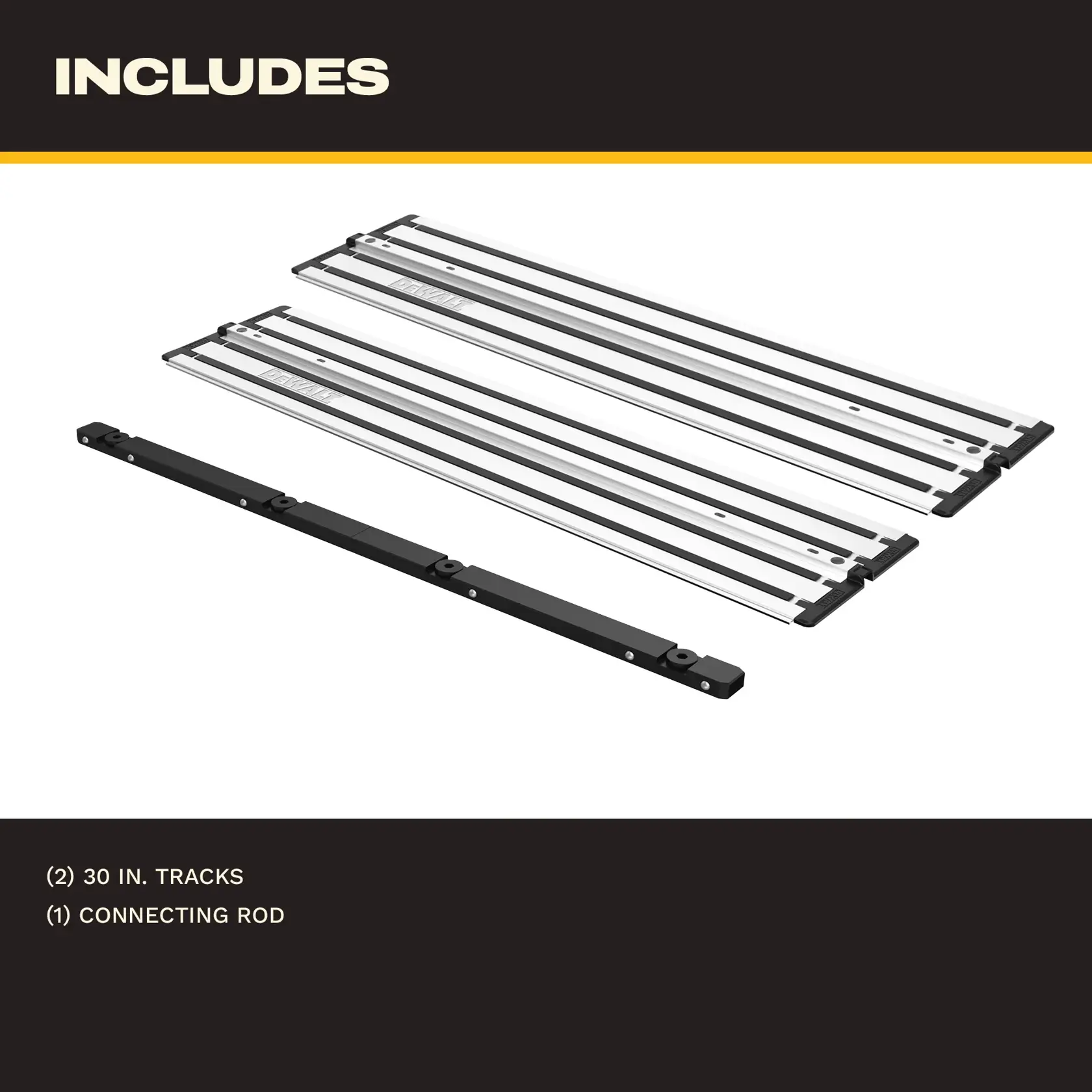 Two 30-inch metal tracks and one connecting rod for DEWALT, displayed on a white background.