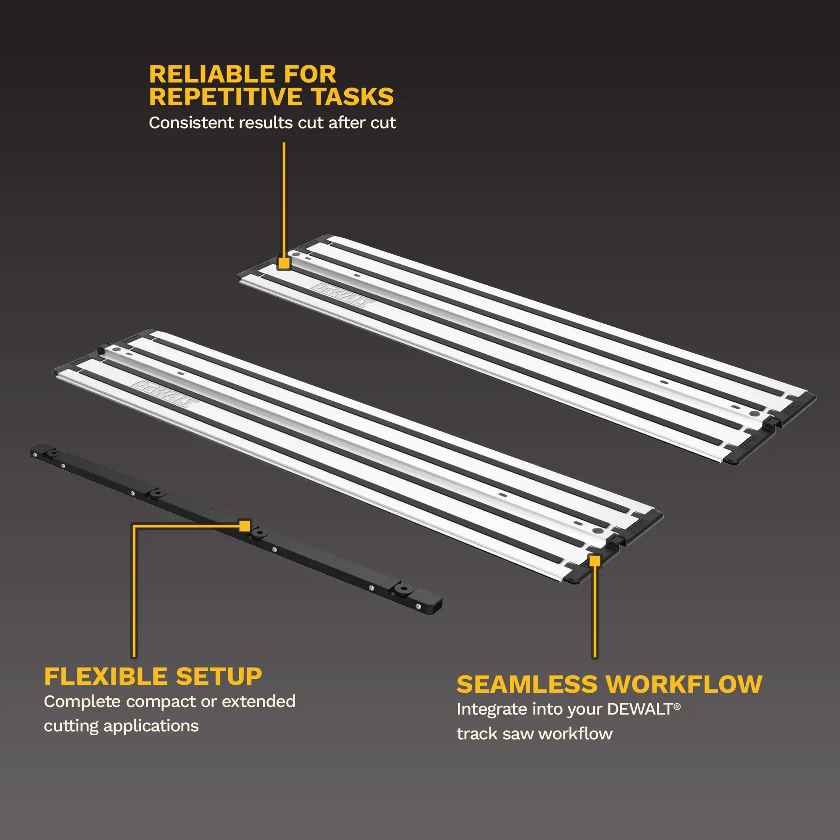 DEWALT track saw guide rails and connector, shown for flexible setup and reliable workflow integration.