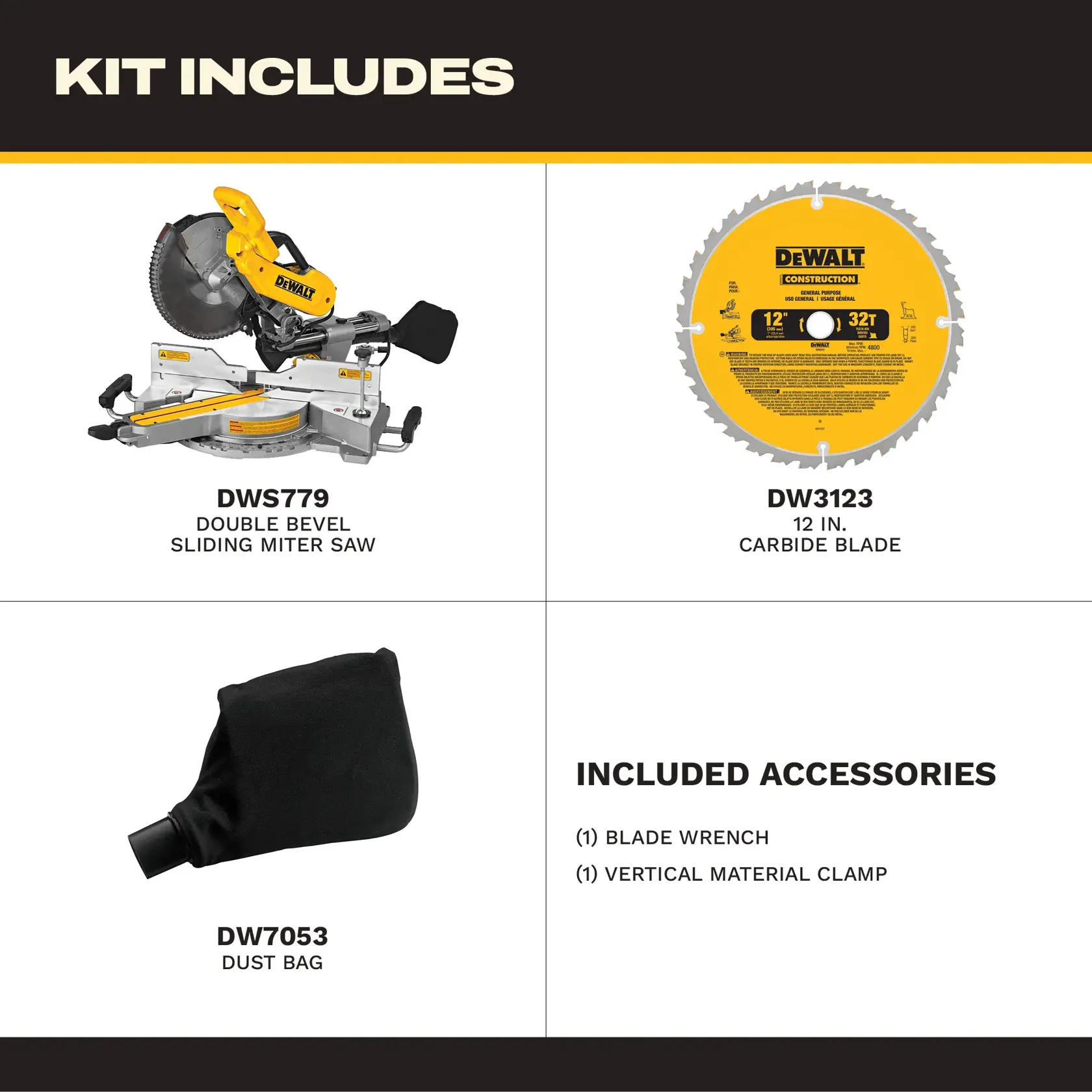 Image showing the DEWALT DWS779 sliding miter saw, the DW3123 saw blade, and the DW7053 dust bag. The product names and model numbers are clearly labeled on the image.