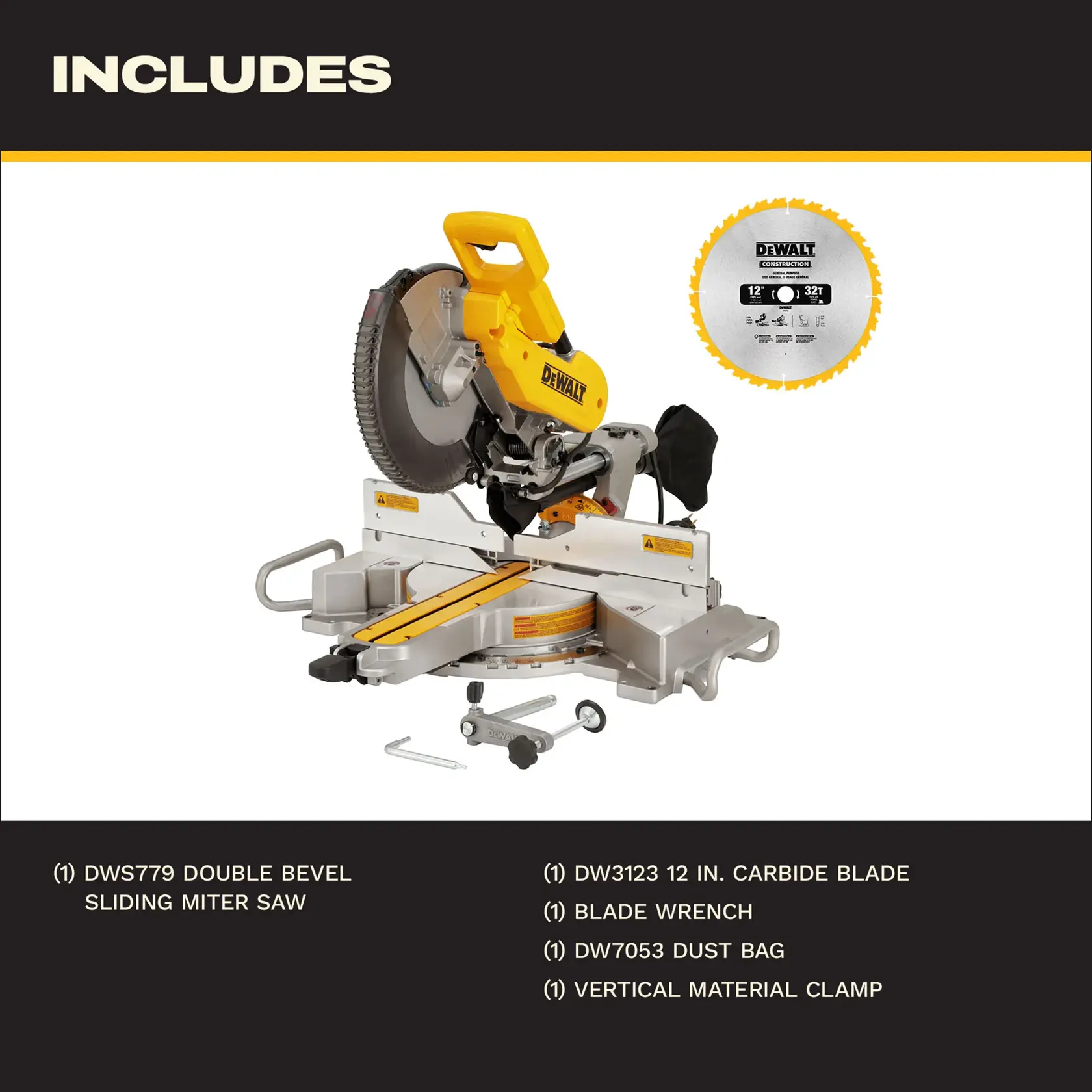 DEWALT DWS779 sliding compound miter saw with highlighted specifications: 3,800 RPM blade speed, 48° left and right bevel angle, 75% dust collection efficiency, and 6-3/4 inch cutting depth.