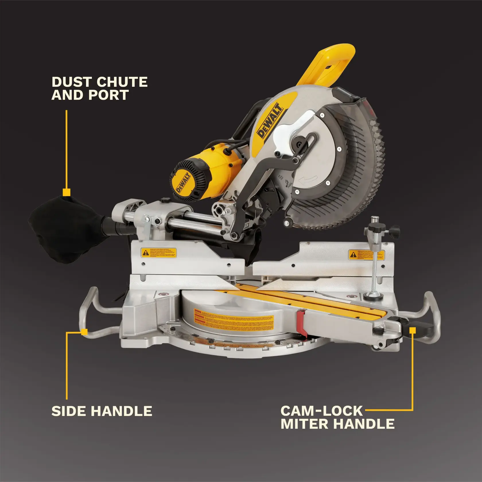 Close-up image of a DEWALT miter saw showing the angle adjustment scale on the base with highlighted points and a label indicating '10'. The saw blade and safety guard are partially visible.
