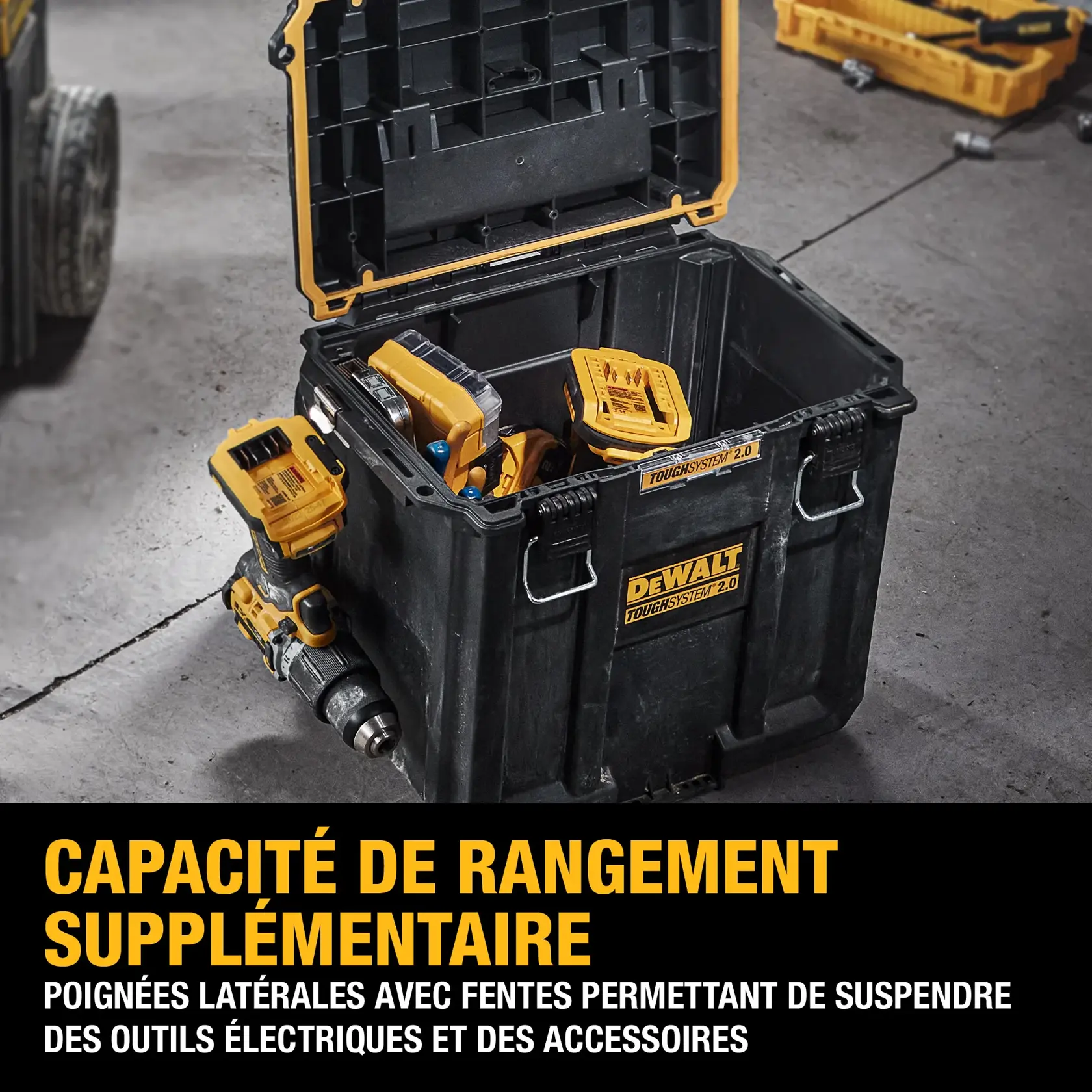 ADDITIONAL STORAGE CAPACITY: Hang power tools and accessories with an integrated tool belt hook on built-in side slots.