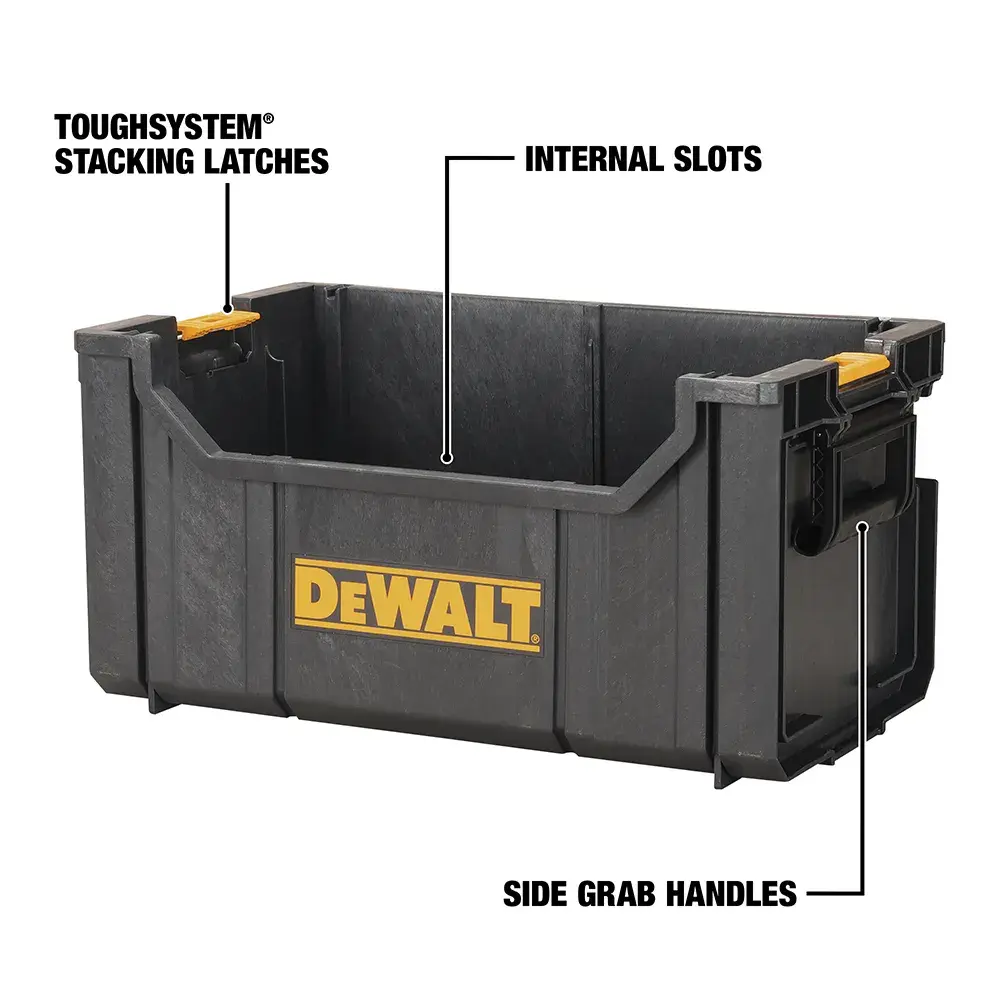 tough system tote with a small case attached to it being carried by a worker at a worksite.
