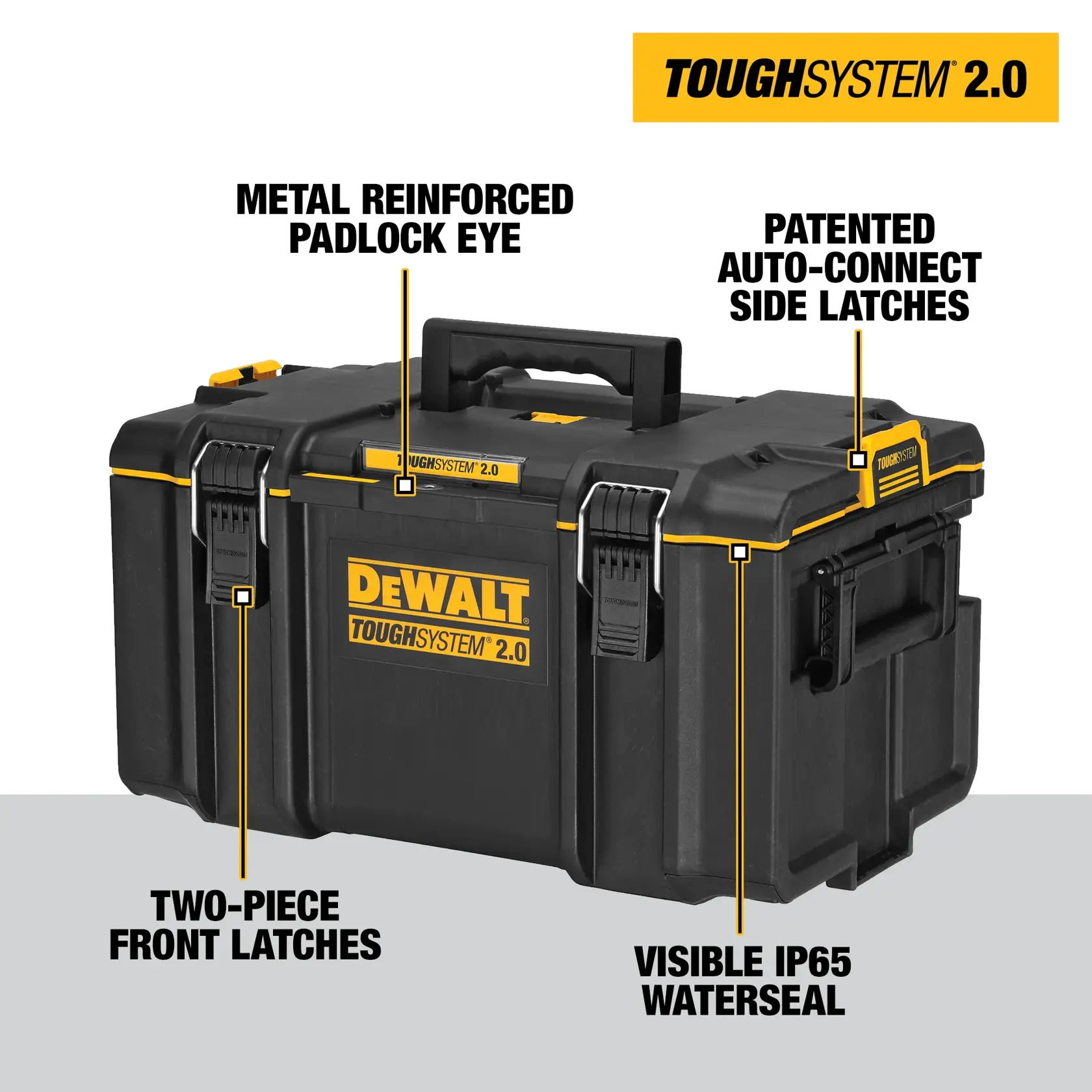 A person is organizing DEWALT black and yellow tool storage boxes on a wall-mounted shelving unit in a workshop.