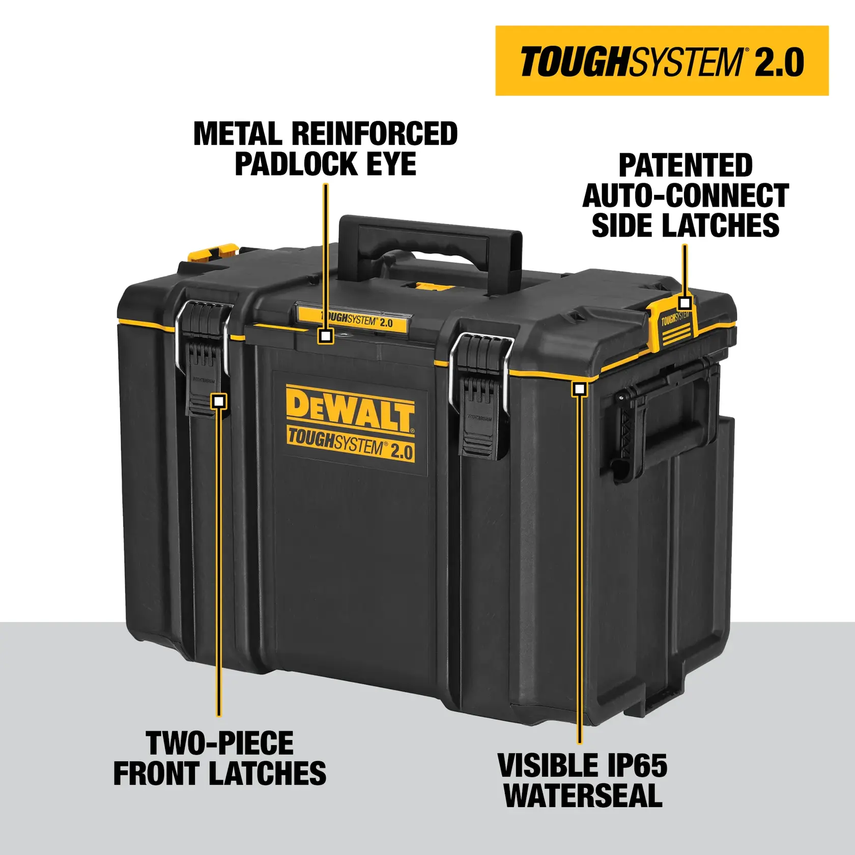 DEWALT ToughSystem 2.0 promotional graphic with the slogan 'Storage Built to Handle It' in large, bold yellow lettering on a dark, textured background.