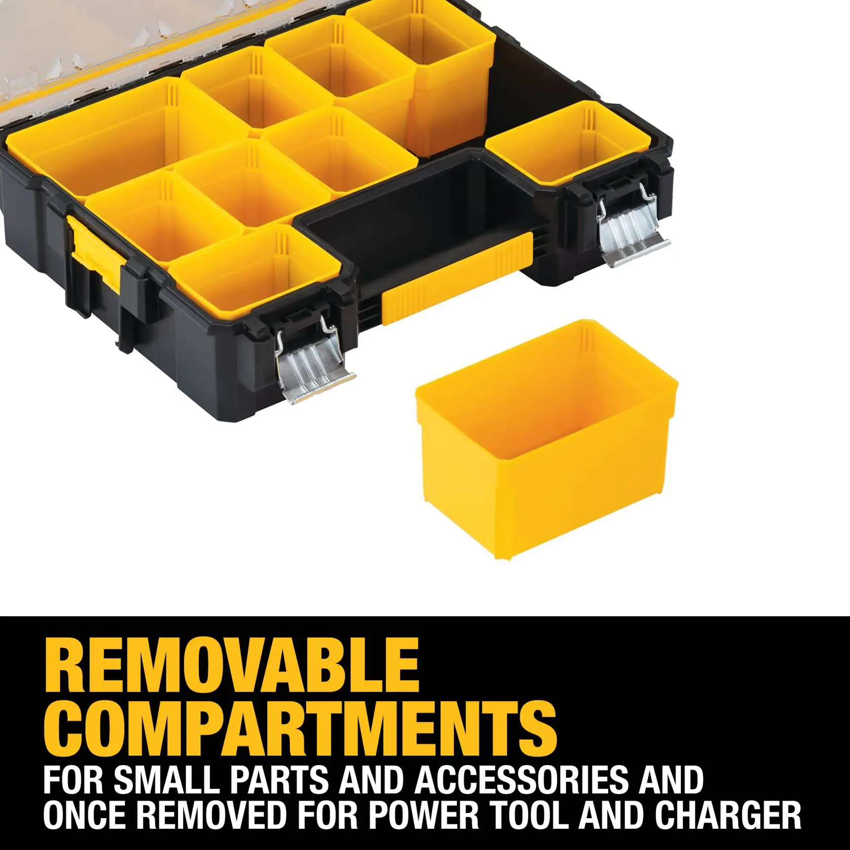 Removable compartments - for small parts and accessories and once removed for power tool and charger graphic