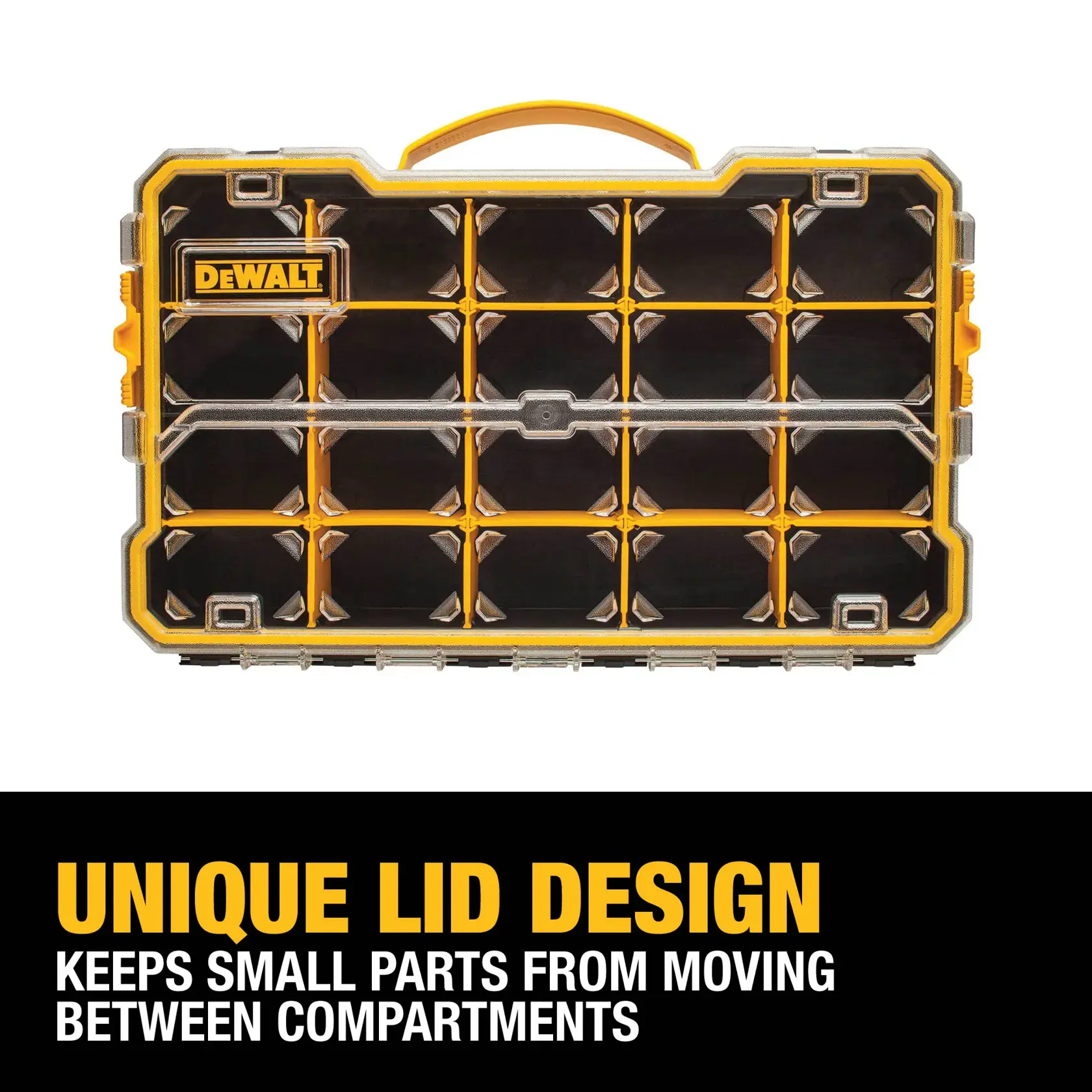 Unique lid design keeps small parts from moving between compartments graphic