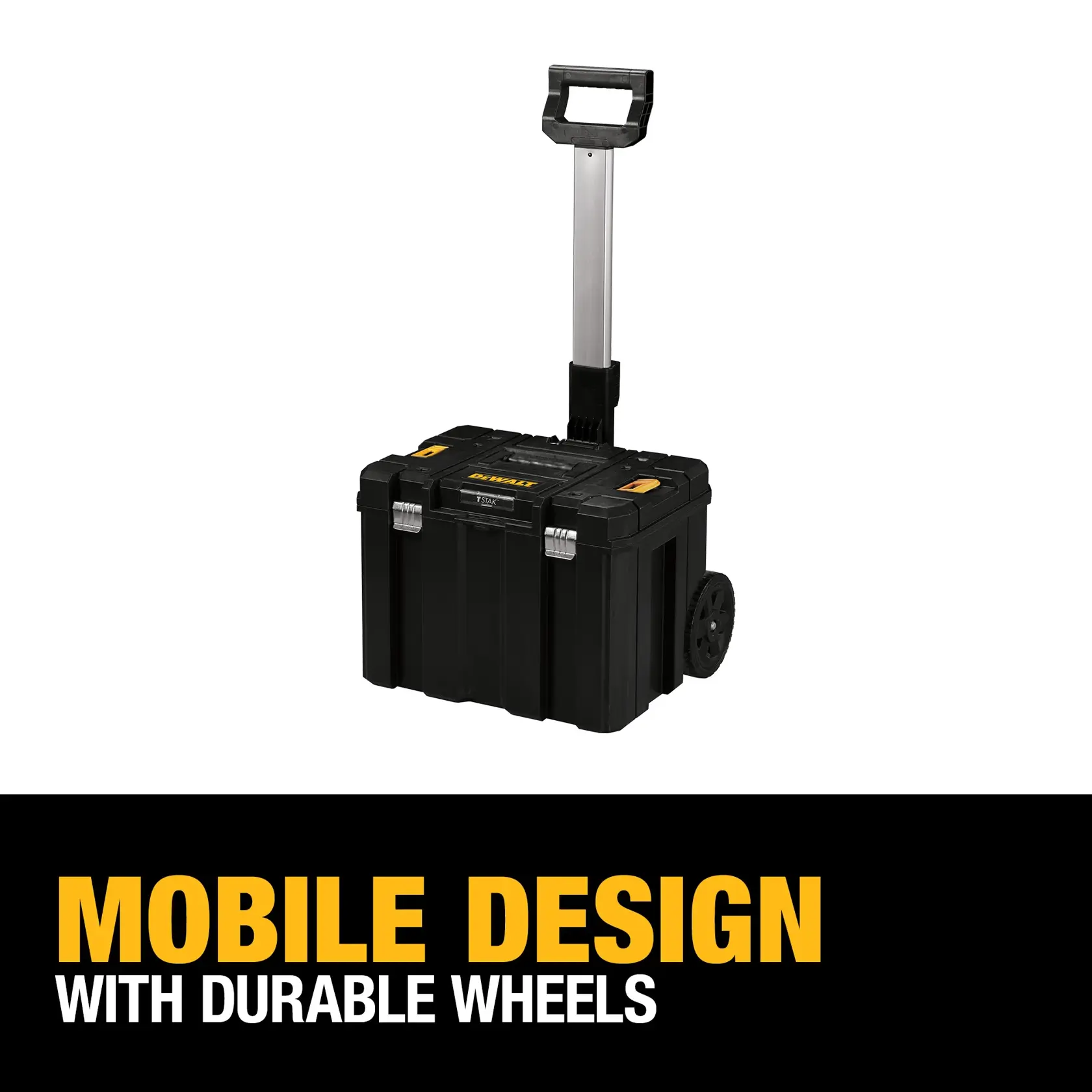 Graphic of DeWalt TSTAK Mobile Storage Box highlighting Mobile Design with Durable Wheels