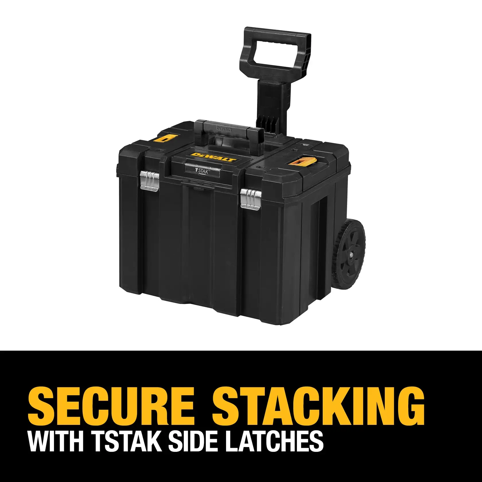 Graphic of DeWalt TSTAK Mobile Storage Box highlighting Secure Stacking with TSTAK Side Latches
