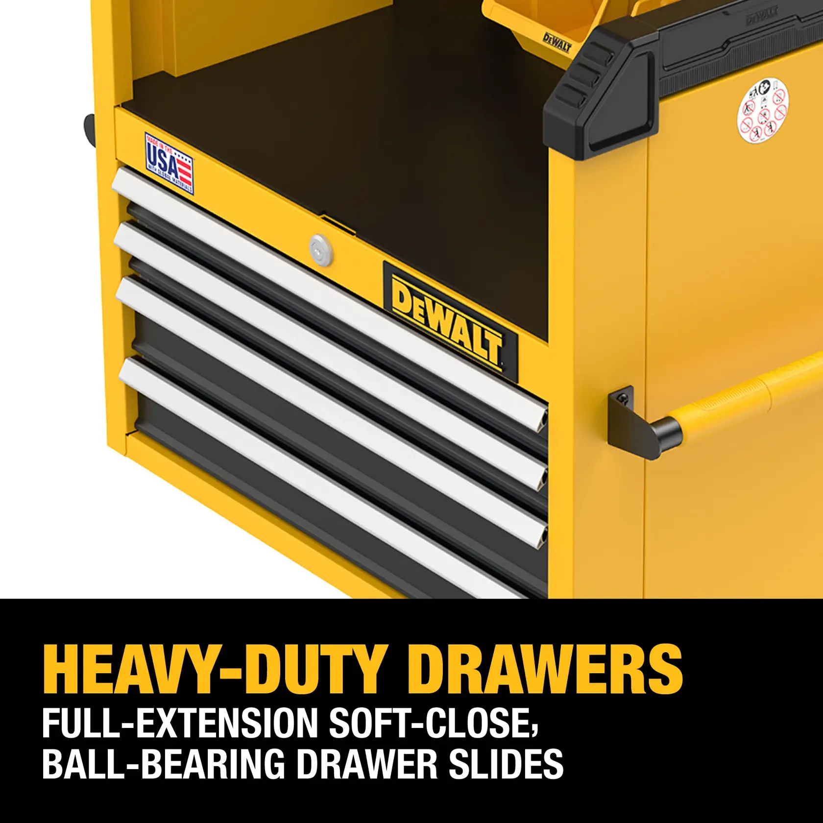 Graphic of the Heavy Duty Drawers on the DEWALT 26“W 4-Drawer Tool Chest