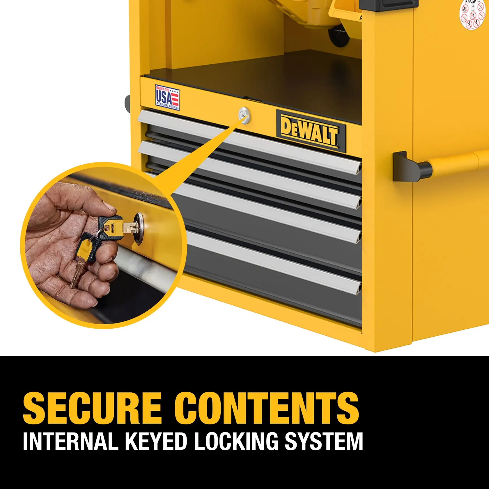 Graphic of Security feature on the DEWALT 26“W 4-Drawer Tool Chest