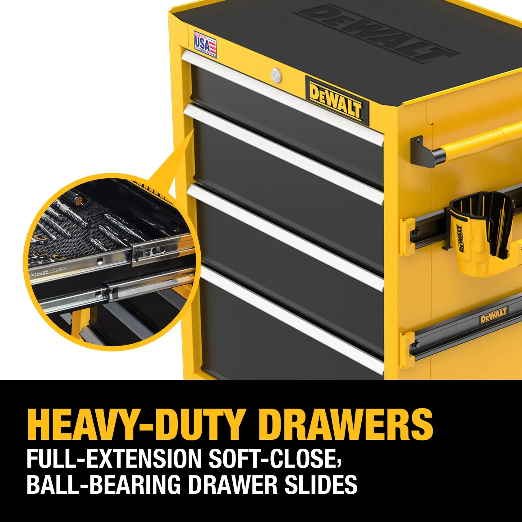 Graphic of the Heavy Duty Drawers on the DEWALT 26“W 5-Drawer Rolling Tool Cabinet