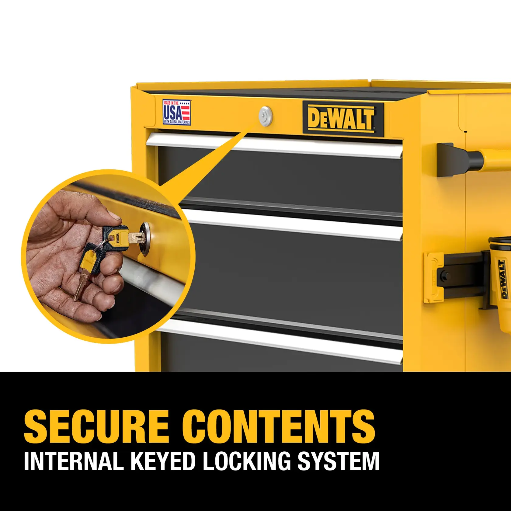 Graphic of Security feature on the DEWALT 26“W 5-Drawer Rolling Tool Cabinet
