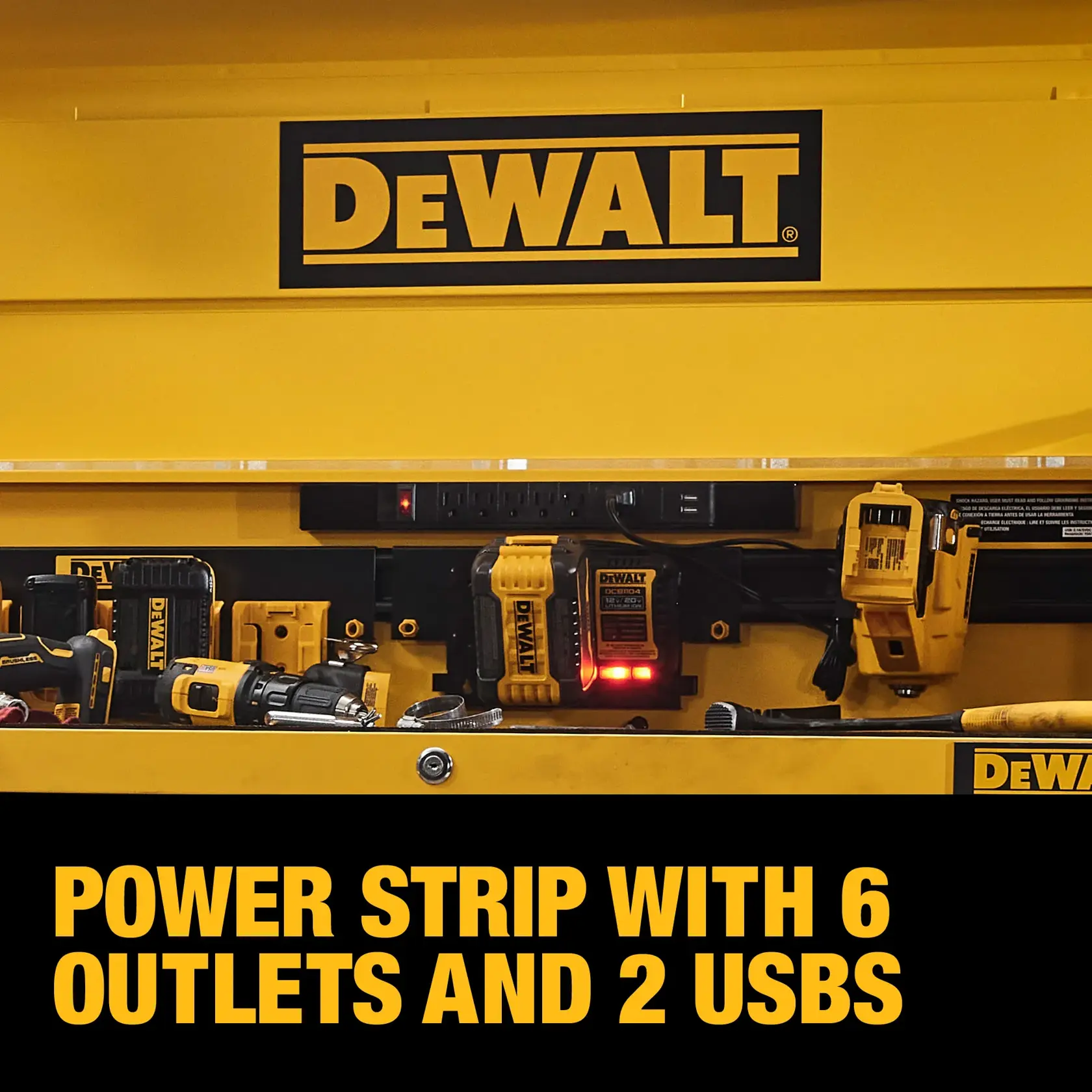 Application of Power Strip with 6 Outlets and 2 USBS on the DEWALT® 37 in. 4-Drawer Tool Chest