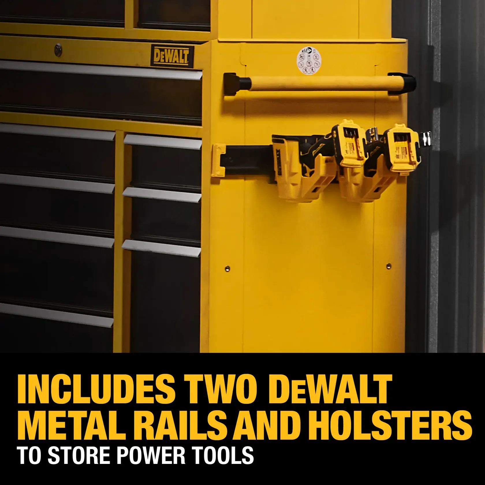 Showing Two DEWALT Metal Rails and Holsters on the DEWALT® 37 in. 5-Drawer Rolling Tool Cabinet