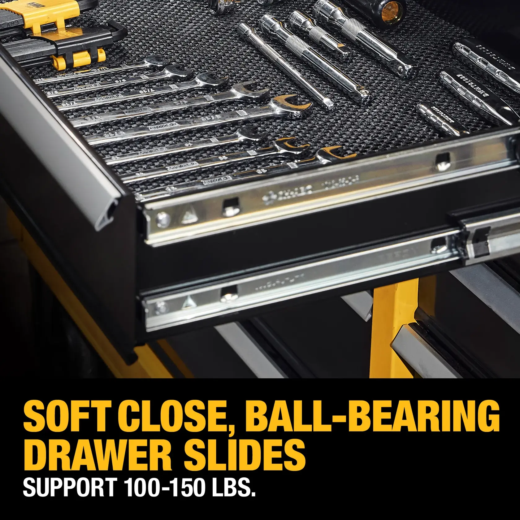 Demonstrating Soft Close, Ball-Bearing Drawer Slides on the DEWALT® 37 in. 5-Drawer Rolling Tool Cabinet