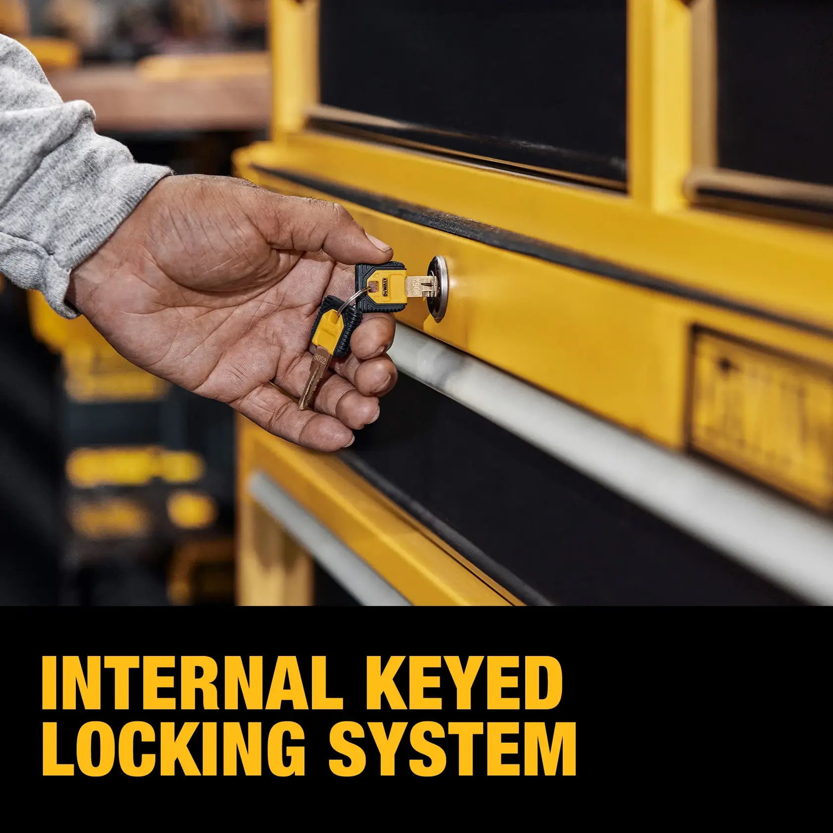 Demonstrating the Internal Keyed Locking System on the DEWALT® 41 in. 6-Drawer Tool Chest