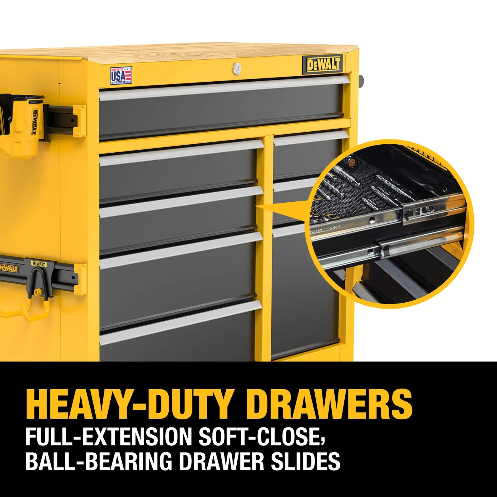 Graphic of the Heavy Duty Drawers on the DEWALT 40“ Wide 8 Drawer Mobile Workstation