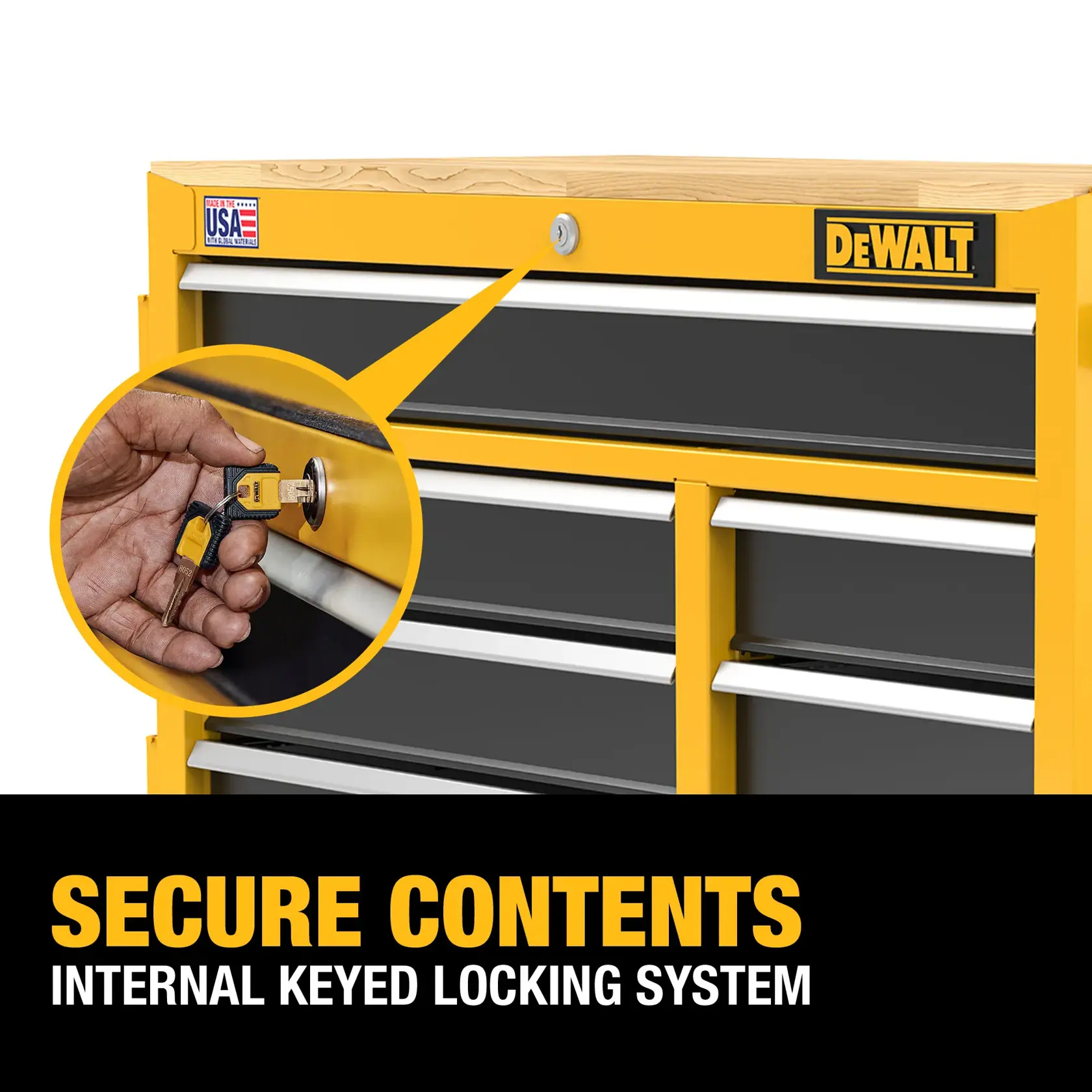 Graphic of Security feature on the DEWALT 40“ Wide 8 Drawer Mobile Workstation