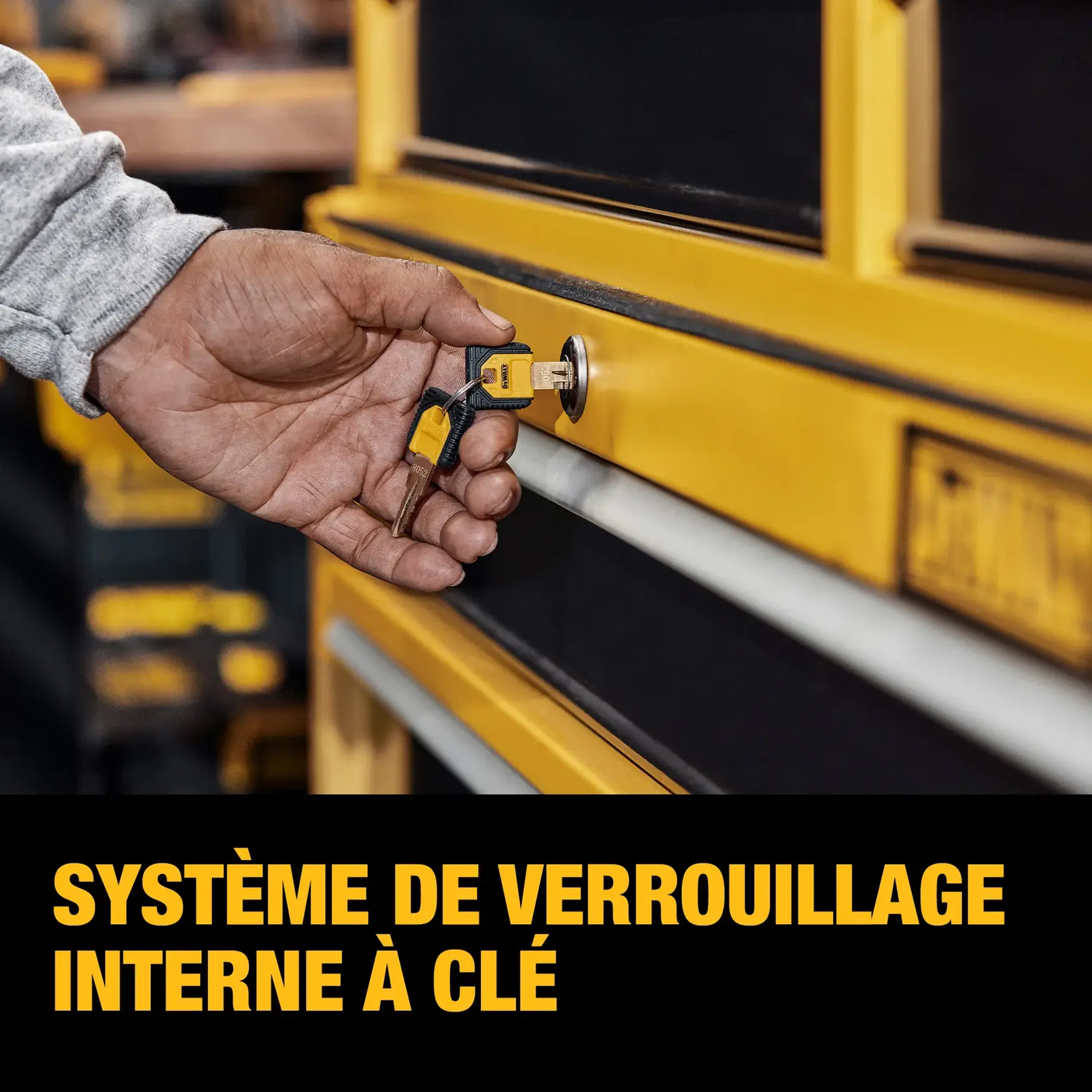 Demonstrating the Internal Keyed Locking System on the DEWALT(R) 41 inch 8-Drawer Rolling Tool Cabinet