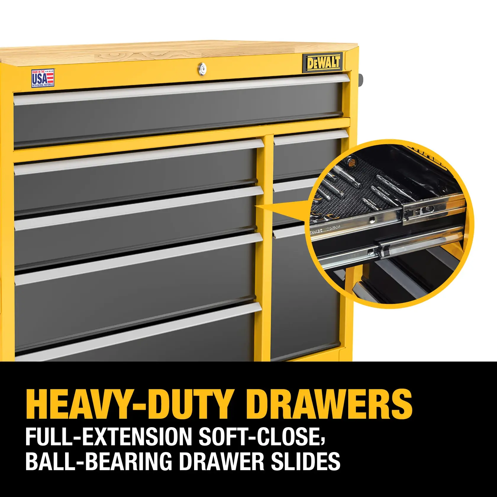 Graphic of the Heavy Duty Drawers on the DEWALT 52“ Wide 8 Drawer Mobile Workstation