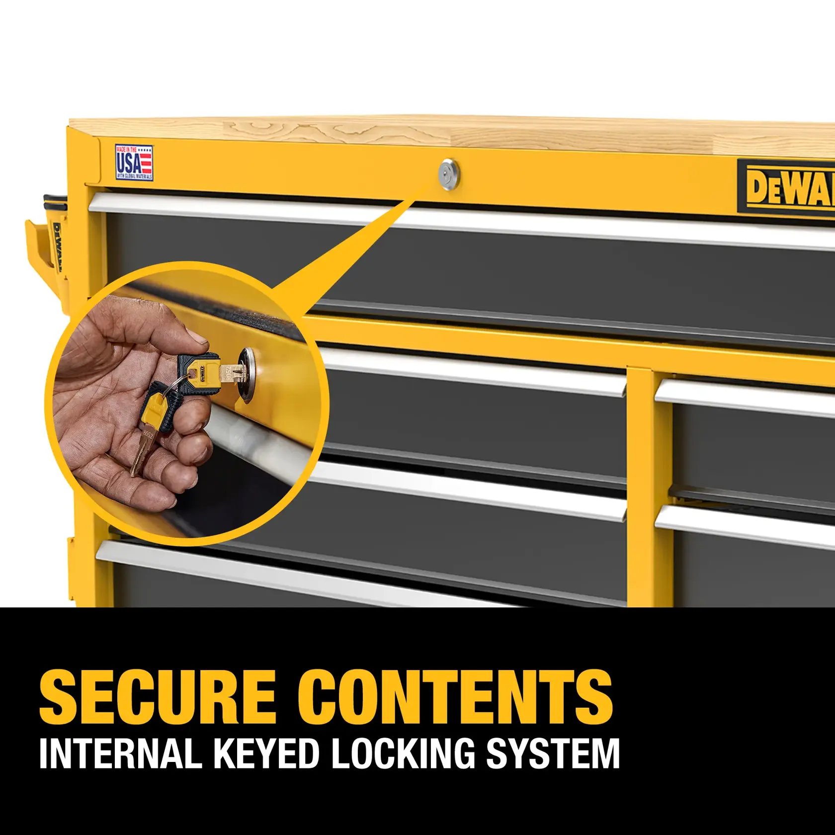 Graphic of Security feature on the DEWALT 52“ Wide 8 Drawer Mobile Workstation