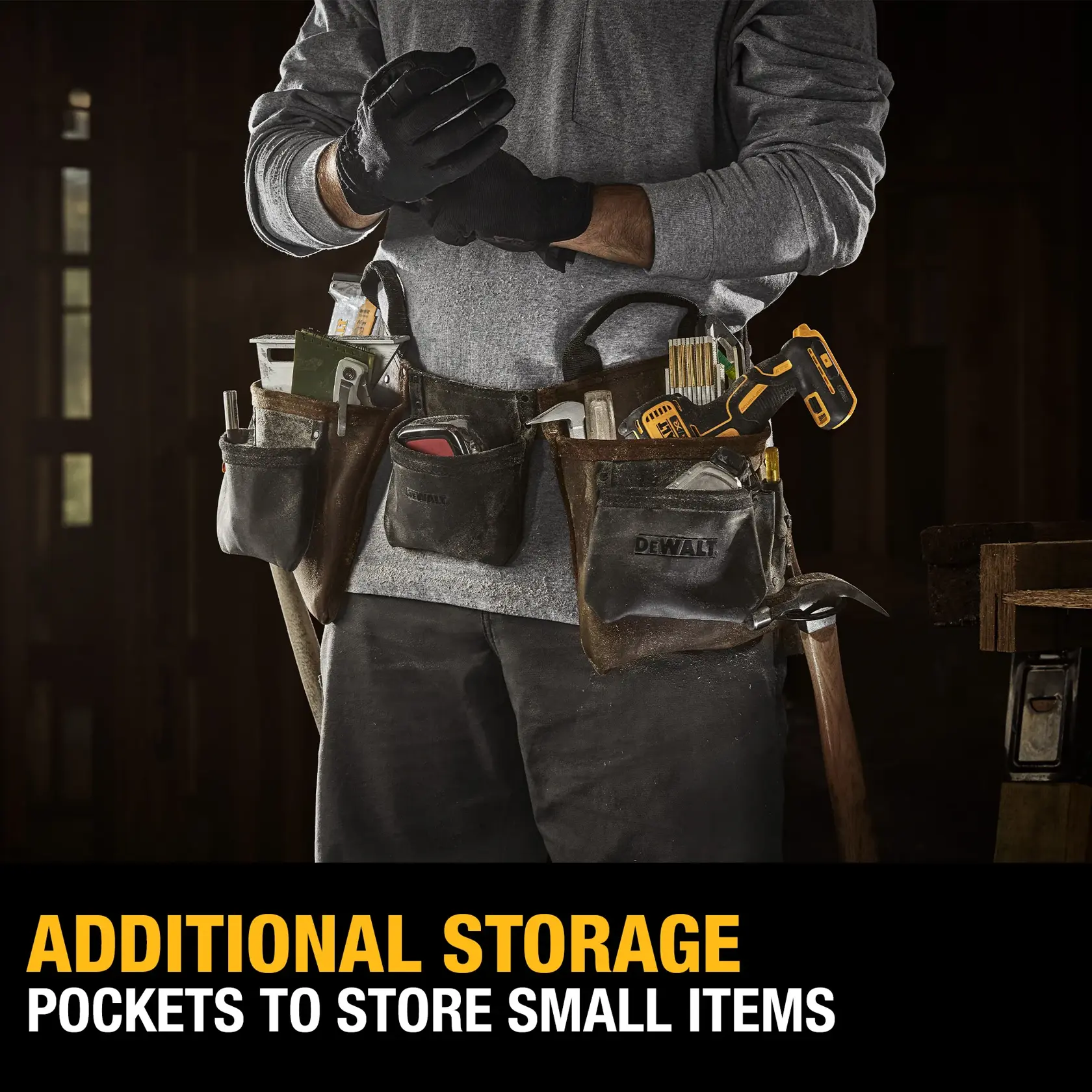 Image of man with DeWalt leather tool apron