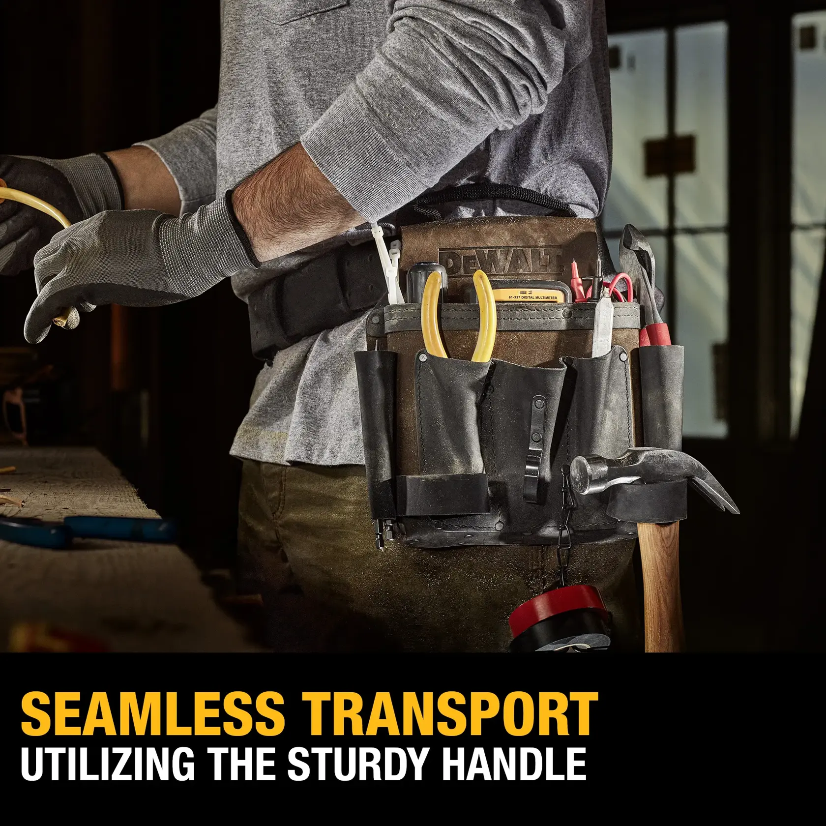 Image of man with DeWalt leather electrician pouch