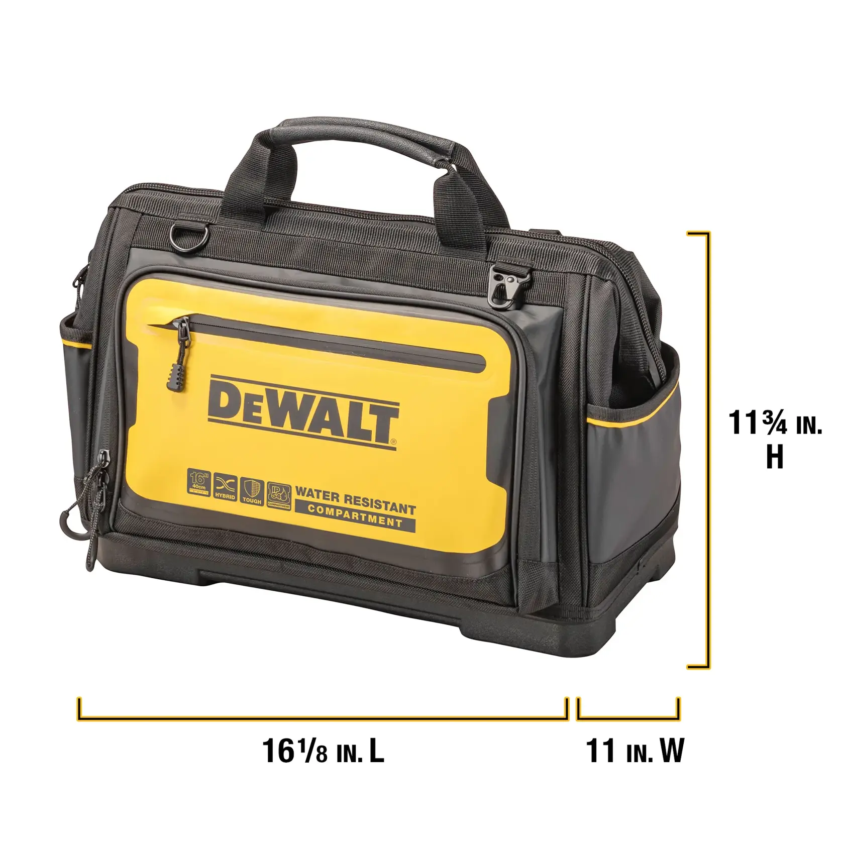 Product on white shot of DeWalt 16 Pro open mouth tool bag  with dimensions