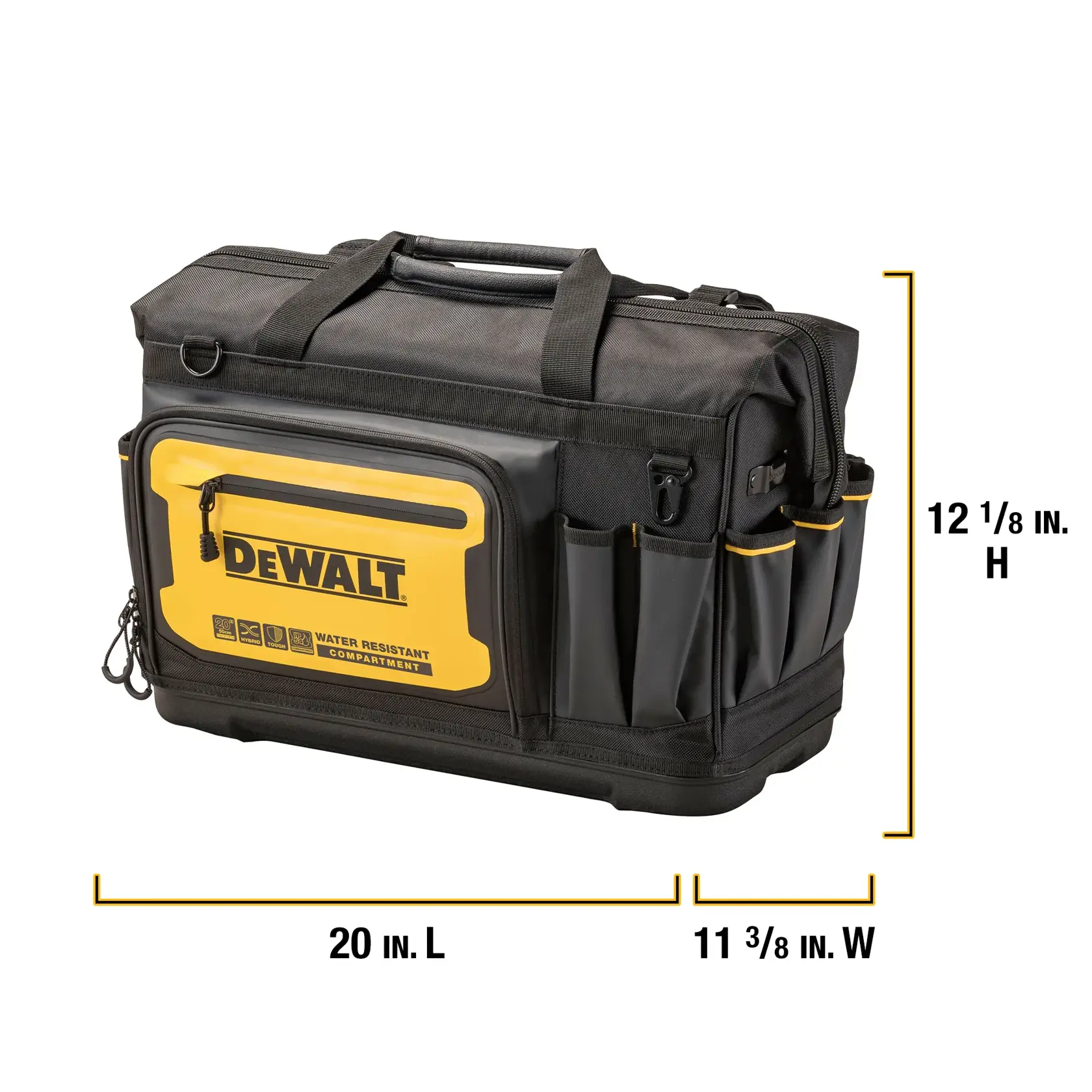 Product on white shot of DeWalt 20 Pro open mouth tool bag  with dimensions