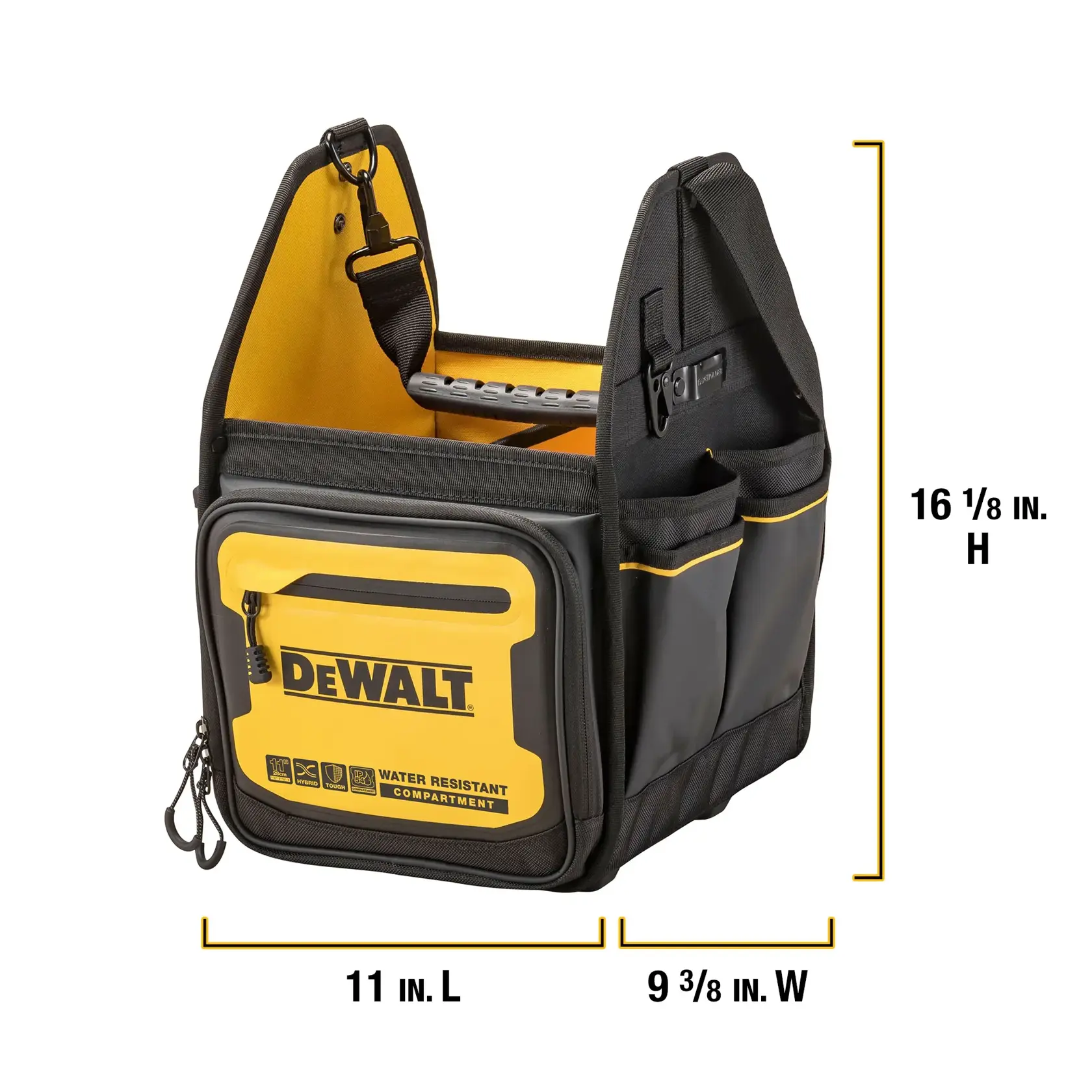 Product on white shot of DeWalt 11 electrician tote with dimensions