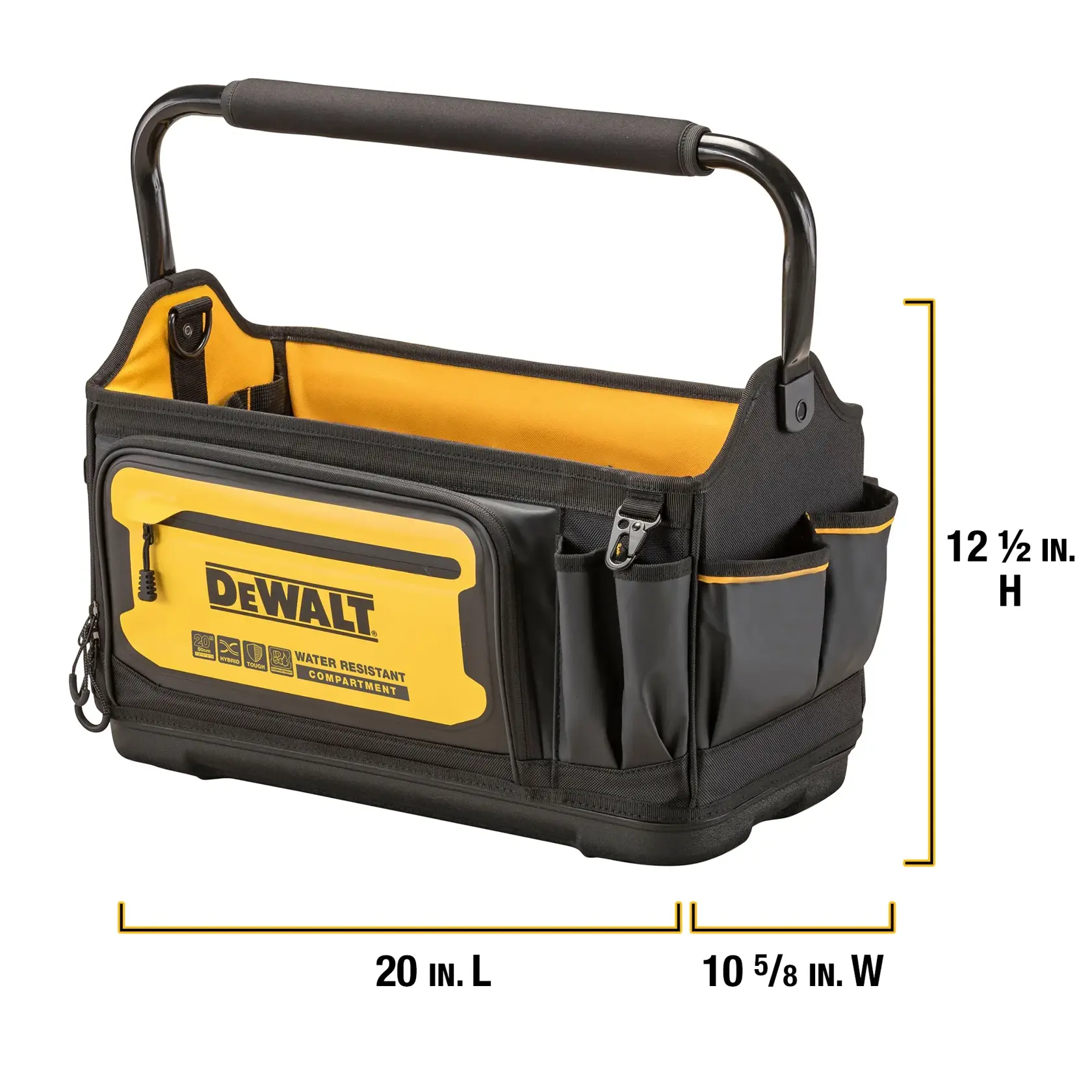 Product on white shot of DeWalt 20 Pro tool tote with dimensions