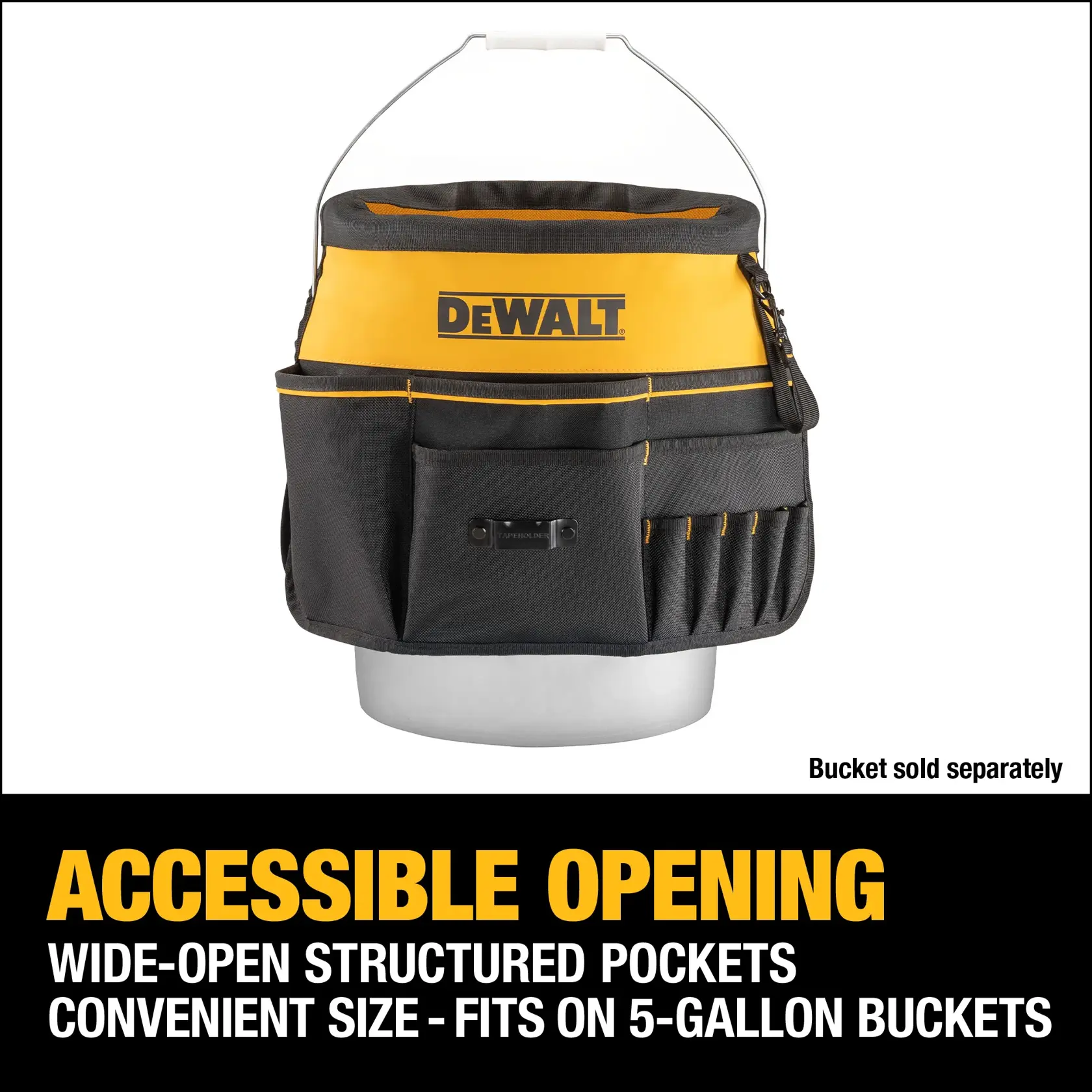 Grpahic explaining the Size and the Openings of the DEWALT® Bucket Tool Organizer