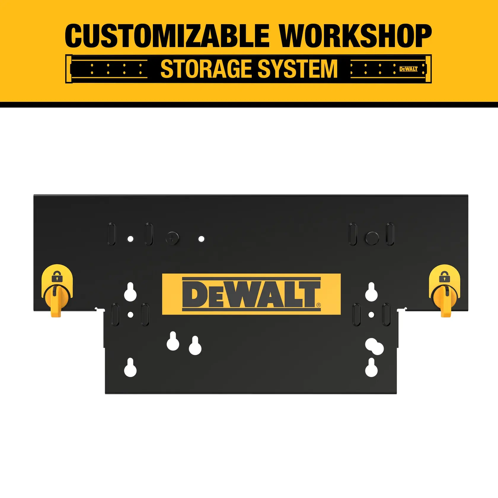 DEWALT customizable workshop storage system graphic showing a black wall-mounted organizer panel with DEWALT branding, two yellow locking mechanisms, and various mounting holes.