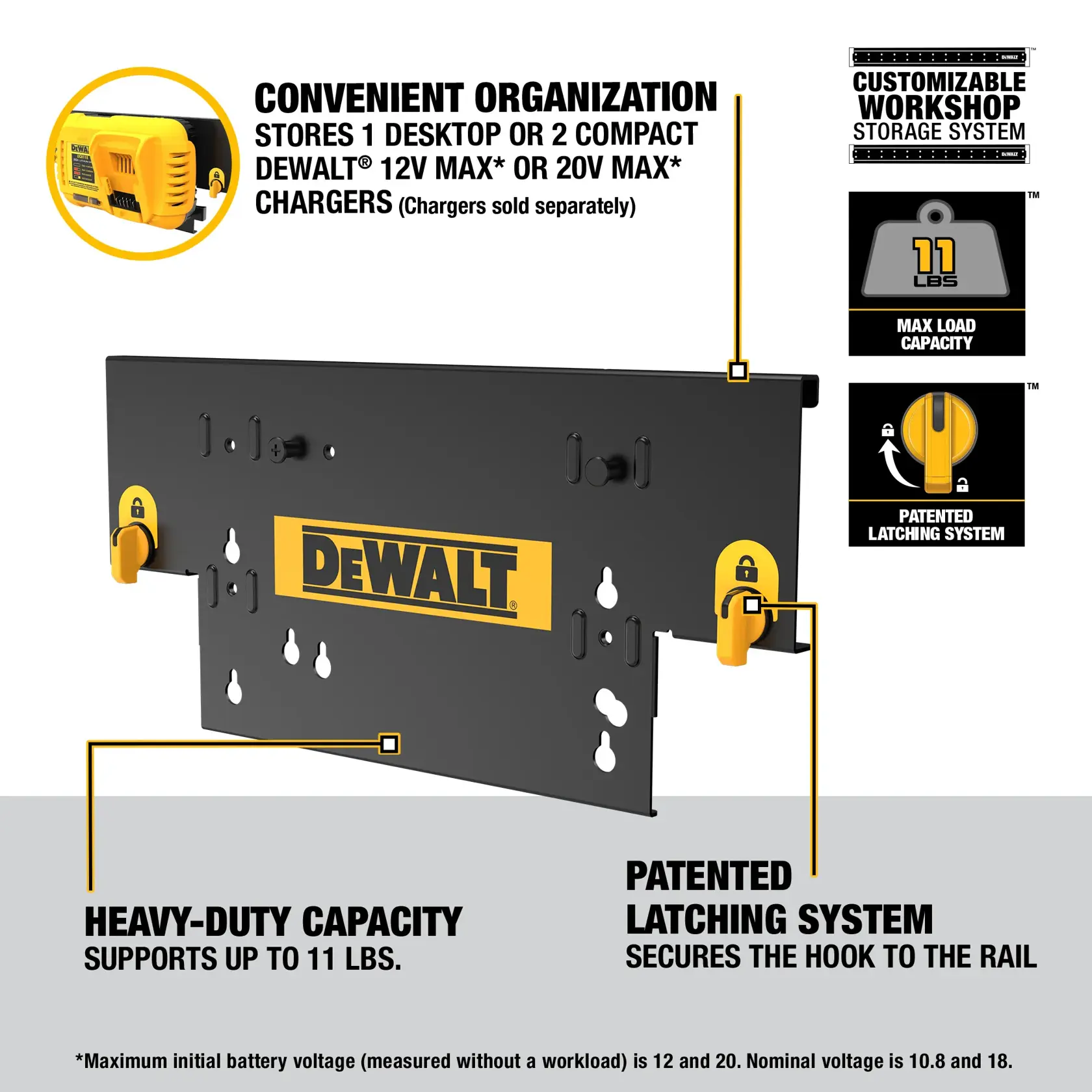 Graphic showing the DEWALT DWST82821 customizable workshop storage hook system. Features include convenient organization for storing 1 desktop or 2 compact DEWALT 12V MAX or 20V MAX chargers (chargers sold separately), a max load capacity of 11 lbs, and a patented latching system that secures the hook to the rail. The system is designed for heavy-duty capacity and easy charger storage.