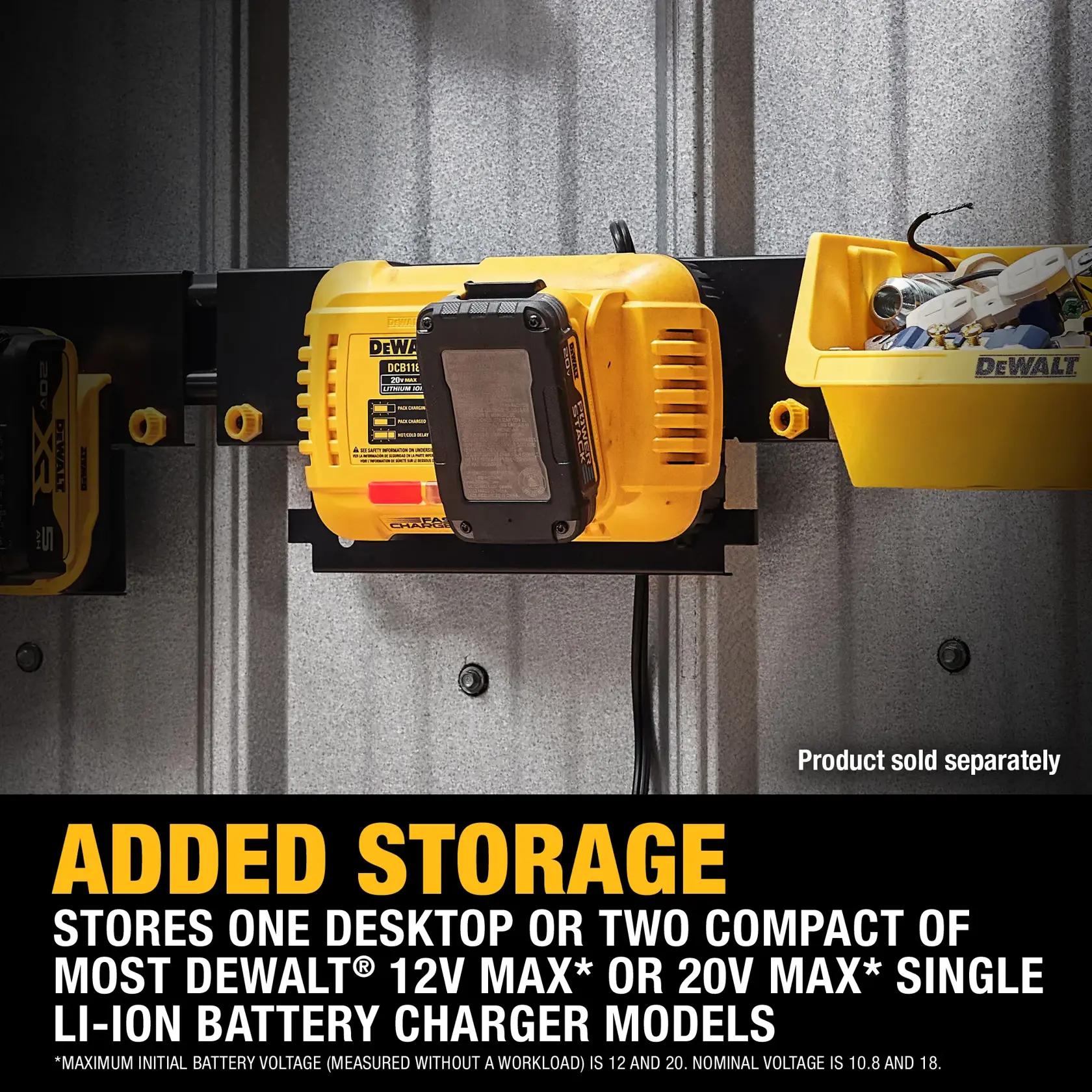 Image showing a yellow DEWALT battery charger mounted on a black storage rail attached to a metal wall, with a yellow storage tray holding small items. The text highlights added storage, stating that it stores one desktop or two compact DEWALT 12V Max or 20V Max single Li-Ion battery charger models. Product sold separately.