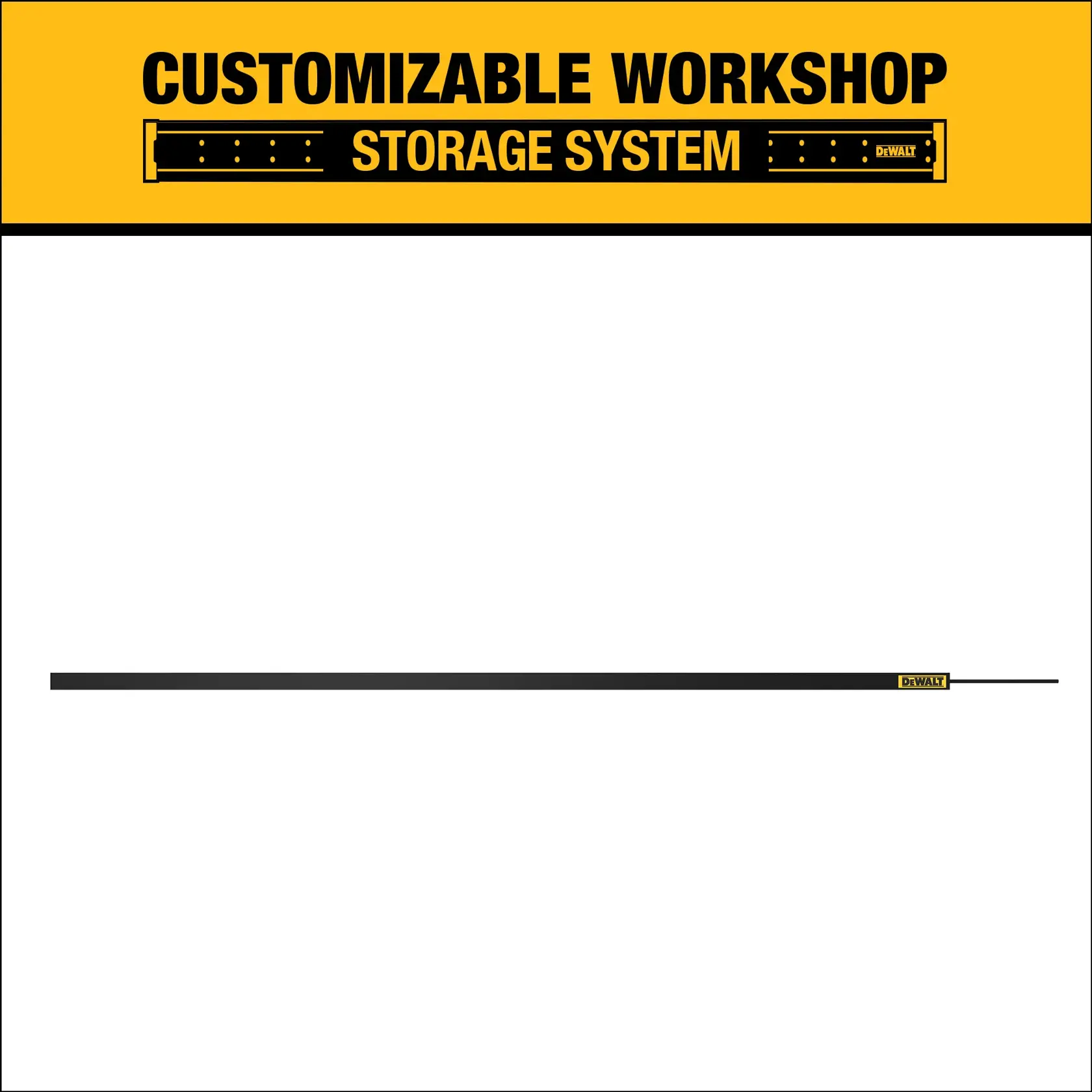 DEWALT customizable workshop storage system graphic with a yellow header displaying the product name and a black mounting strip shown below.
