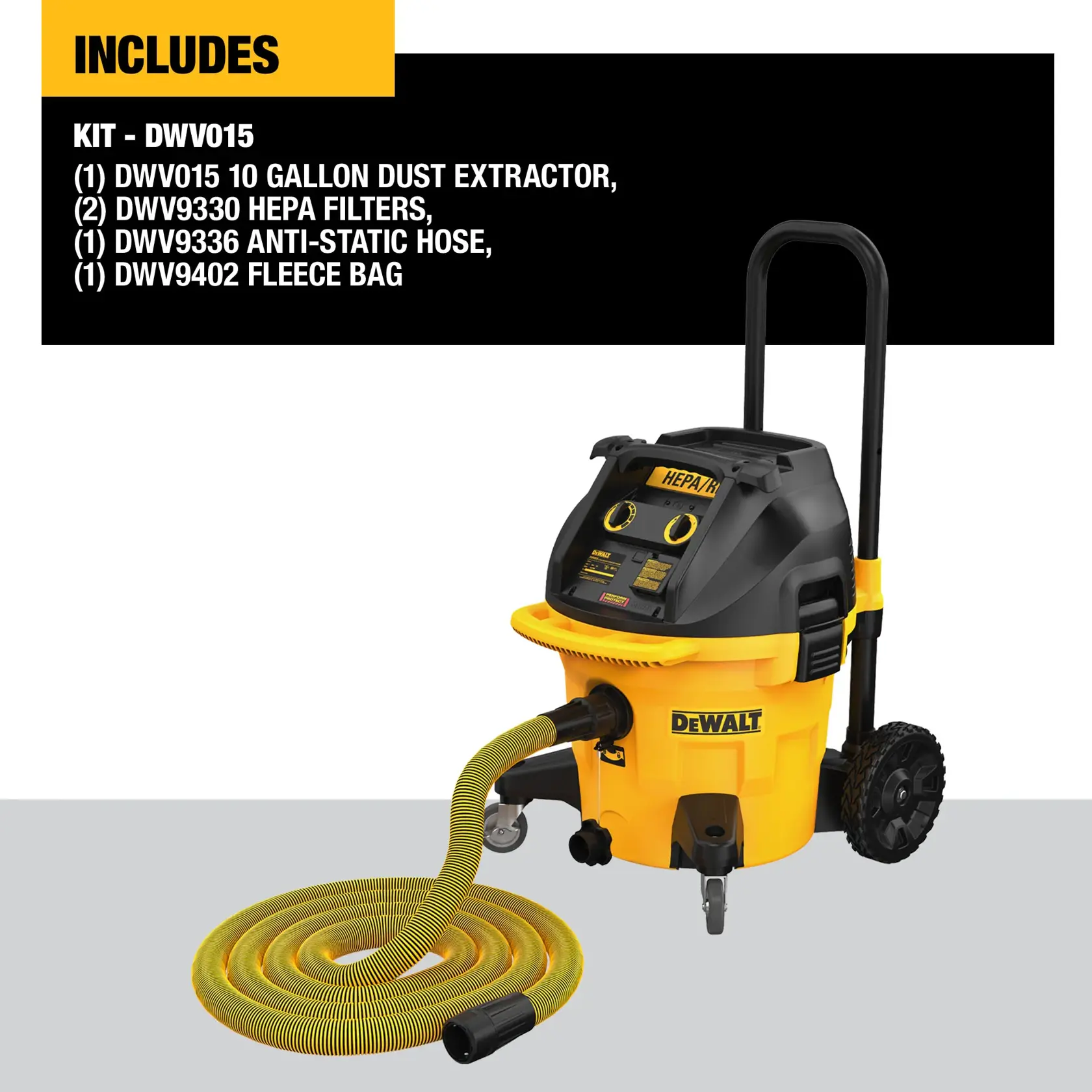 Product on white shot of DeWalt 10 Gallon Dust Extractor Kit