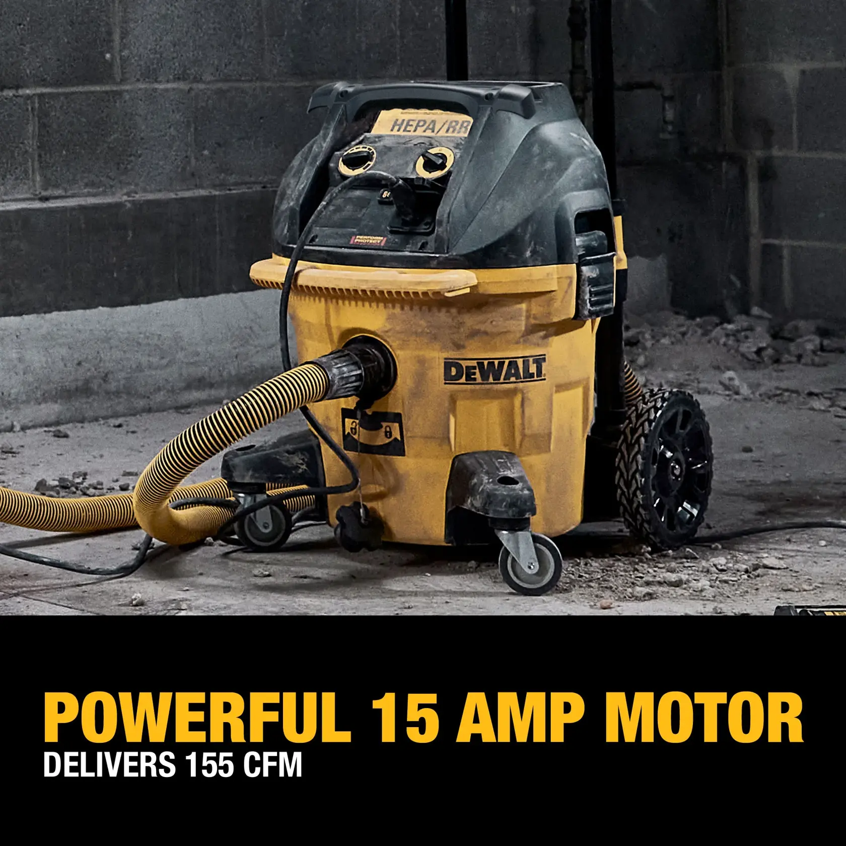 Dust extractor on the jobsite, powerful 15 amp motor