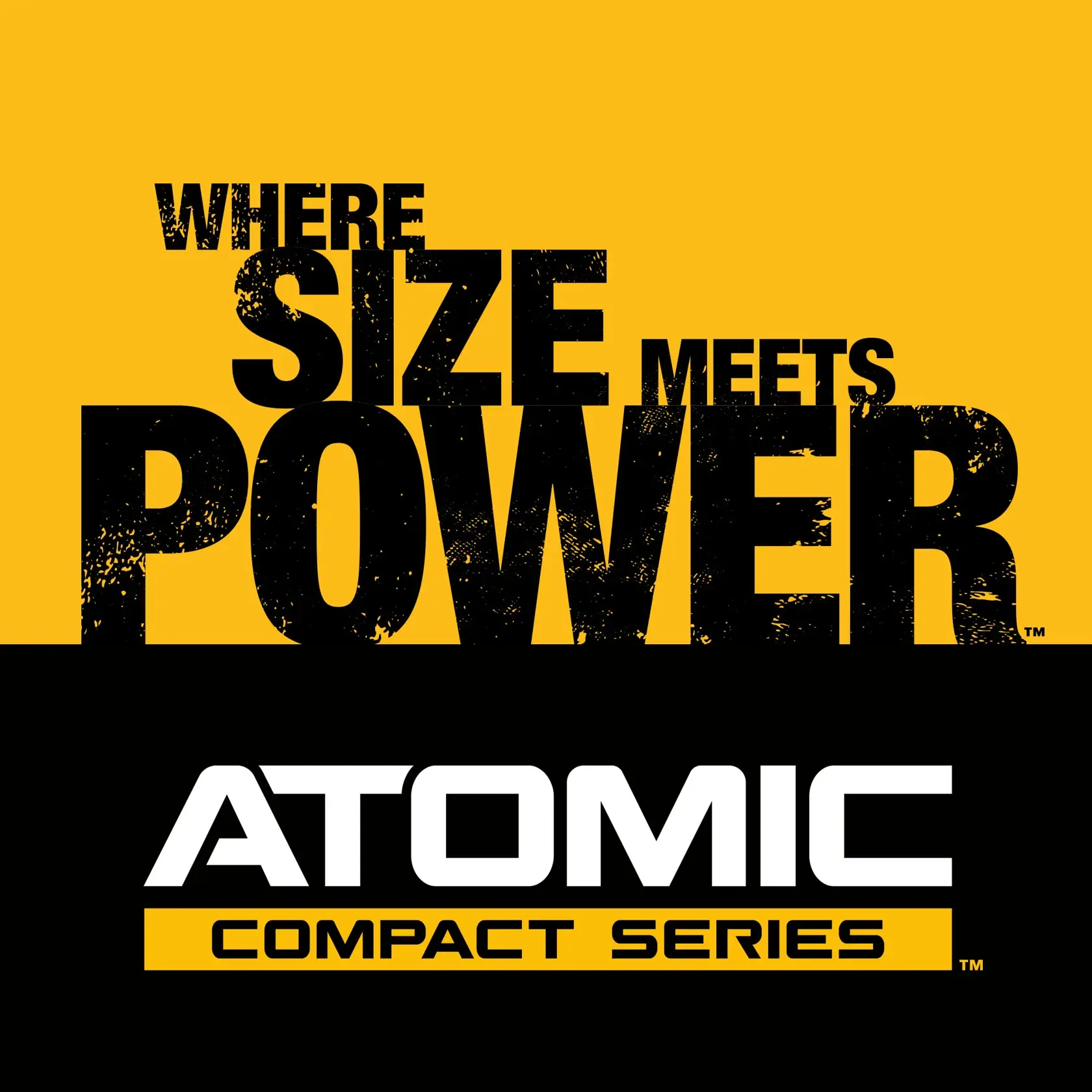 Graphic with a yellow and black background featuring bold text: 'Where Size Meets Power' and below, 'Atomic Compact Series'.
