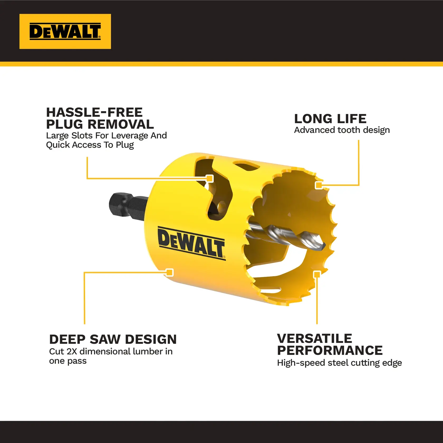 DEWALT graphics. Hole saw, SKUs: DAH1414A, DAH1418A, DAH14A, DAH1134A, DAH1378A, DAH1118A, DAH1318A, DAH1338A, DAH1412A