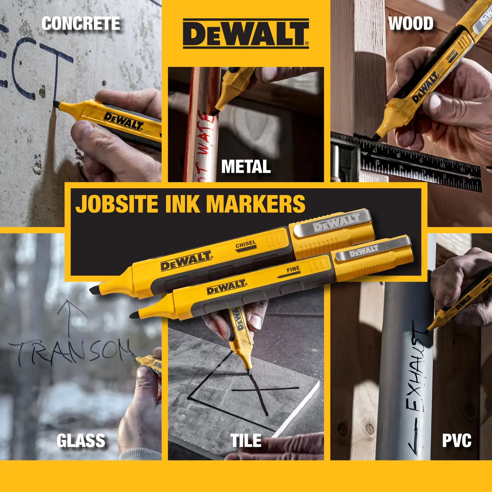 Collage image showing DEWALT jobsite ink markers being used to write on various surfaces, including concrete, metal, wood, glass, tile, and PVC. The markers are yellow and black with DEWALT branding, and the text highlights their versatility for multiple materials.