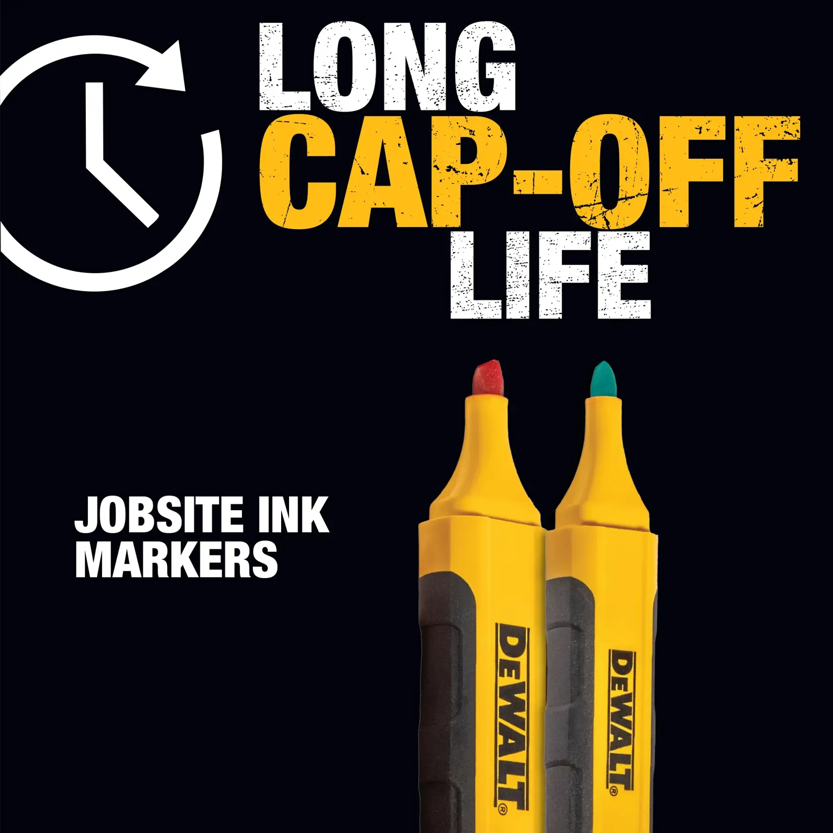 Image showing a yellow DEWALT chisel tip marker with labels highlighting its features: a 3/16 inch (4.5mm) chisel tip, metal clip for secure storage, color indicator for ink, anti-roll barrel design to prevent rolling, durable tip that resists wear, and a molded rubber grip for comfort and durability.
