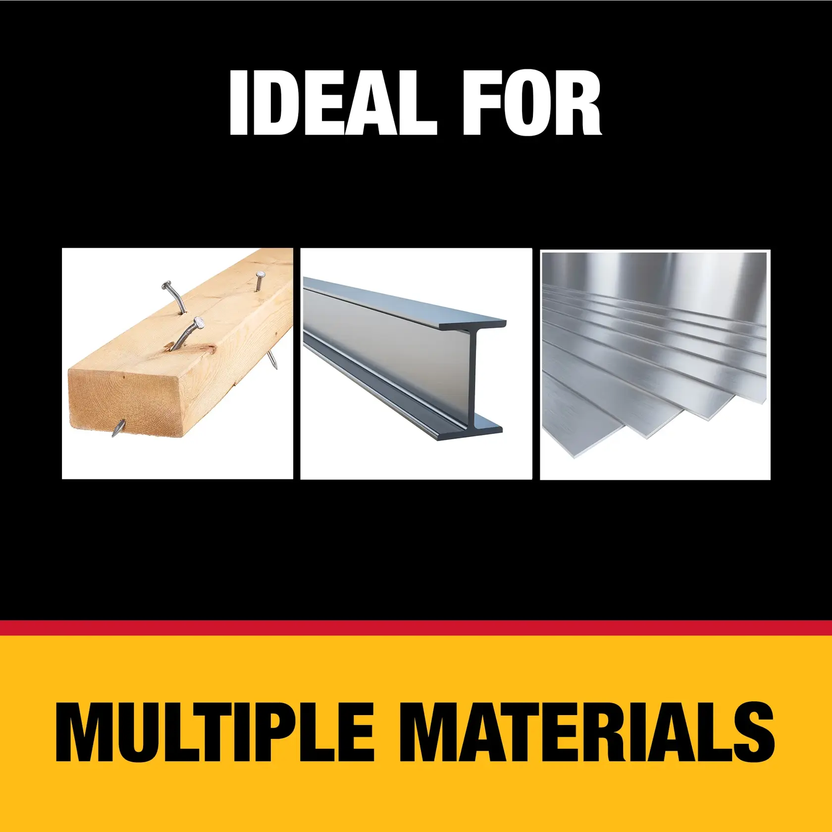 Nails embedded in wood, I-Beam and sheets of drywall with ideal for multiple materials