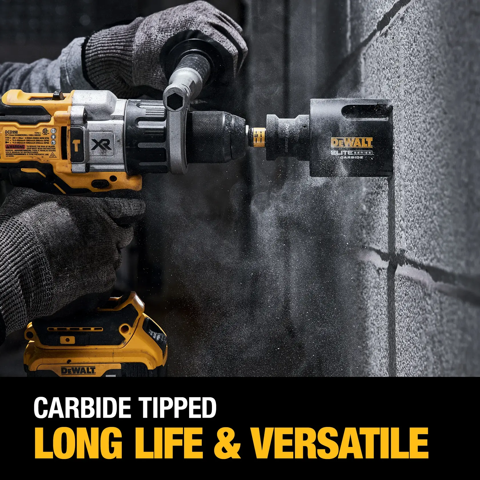 Person drilling with DEWALT ELITE SERIES (TM) Multi-Material Hole Saw drilling through concrete