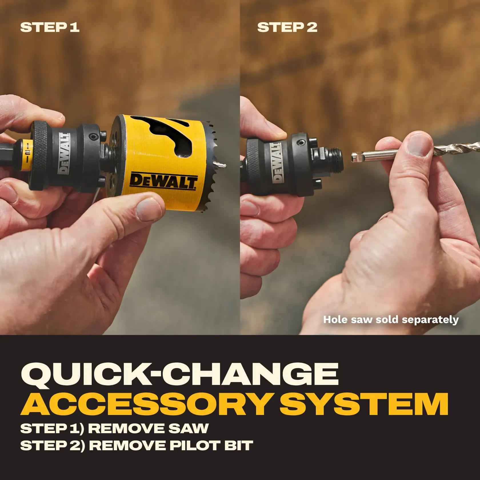 DEWALT quick-change system for DAH9912PBM, DAH9912CPBM, DAH9938PBM. Remove saw and bit in two steps.